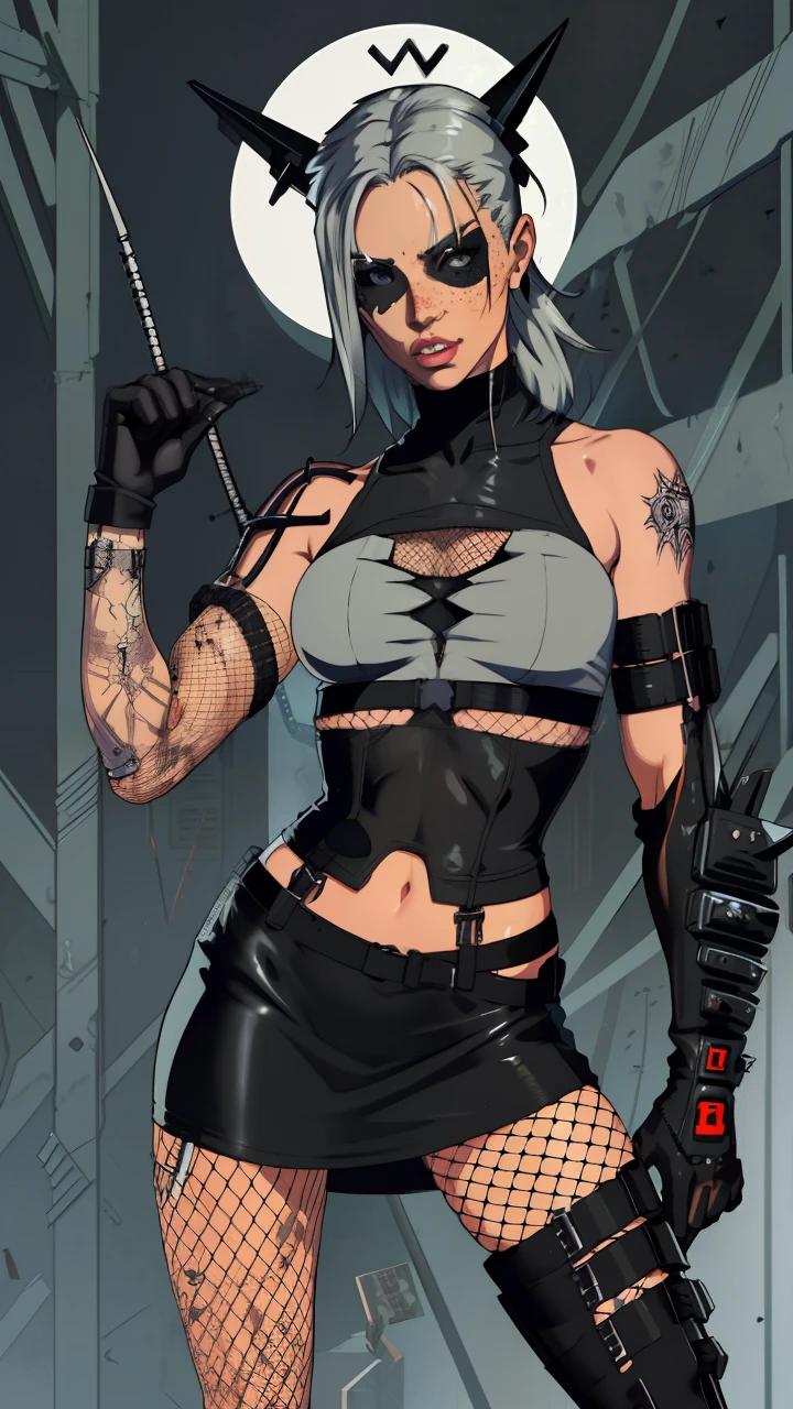 Post-apocalyptic sexy female warrior in shirt and black fishnets, with some barbed wires around her leg thigh, scantily clad, cyberpunk model wearing black leather, black dress, black skintight and skintight crop top, ((exposed midriff)), freckles, trending on instagram, in the style of tarot card, art by Dmitry Sergeev