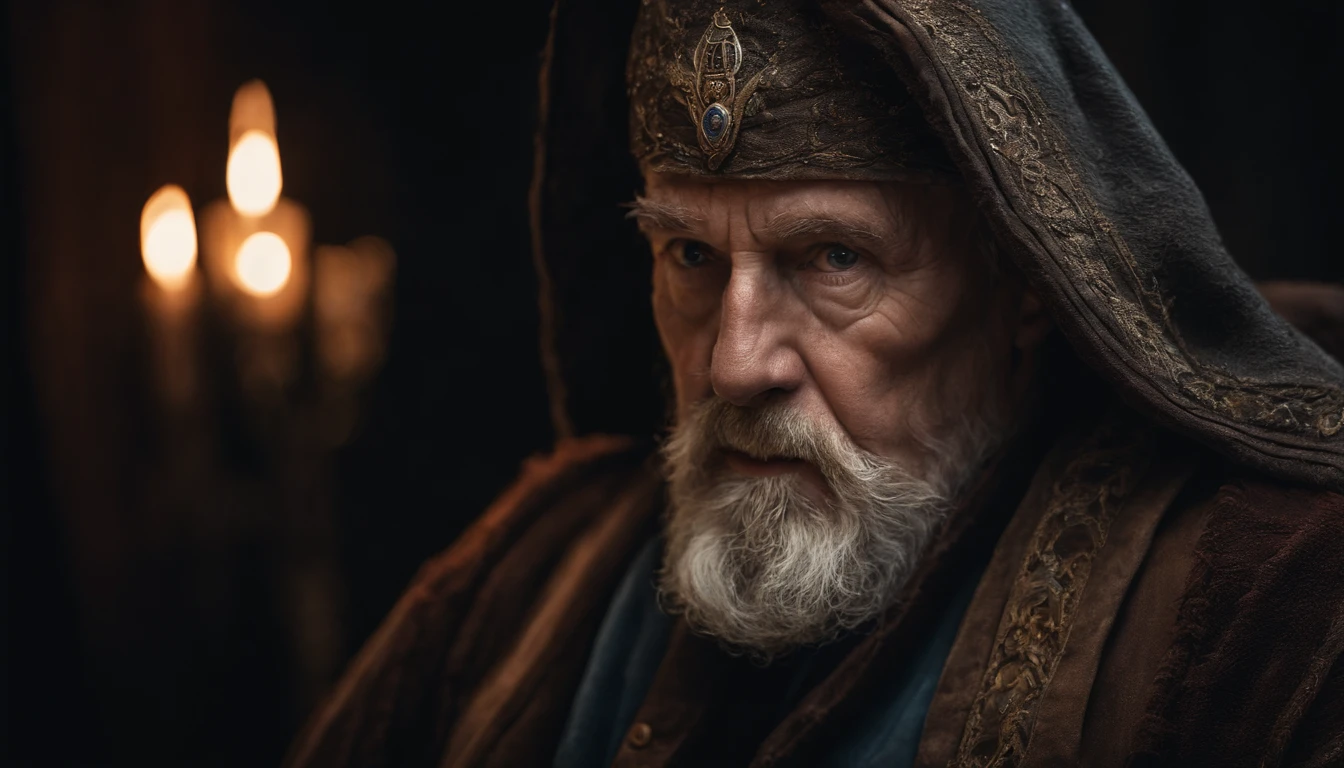 A portrait of a wizard, bearded, wrinkled, weathered, with piercing eyes, detailed face, high details, photography, dark studio, rim light, Nikon D850, 50mm, f/1.4