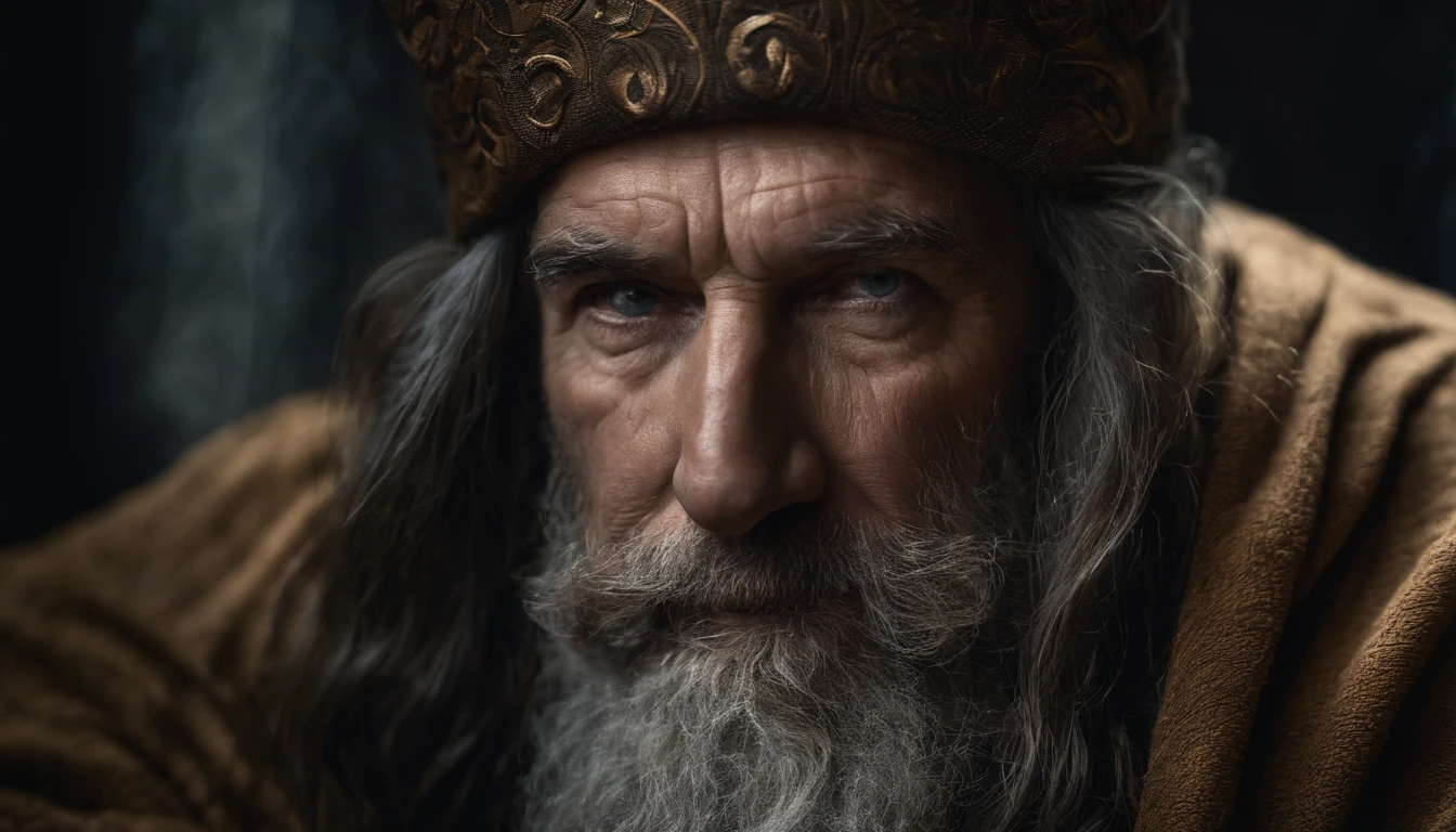 A portrait of a wizard, bearded, wrinkled, weathered, with piercing eyes, detailed face, high details, photography, dark studio, rim light, Nikon D850, 50mm, f/1.4
