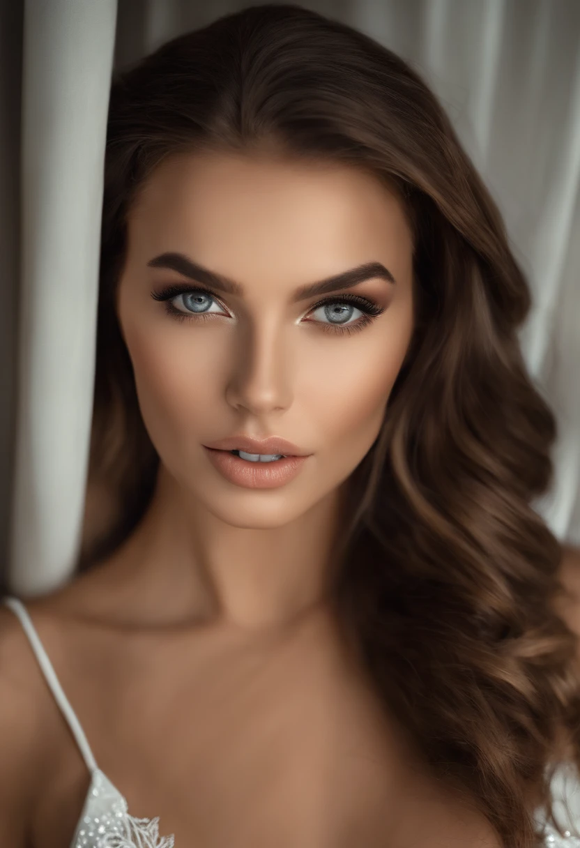 A woman with long brown hair and blue eyes wearing a white dress ...