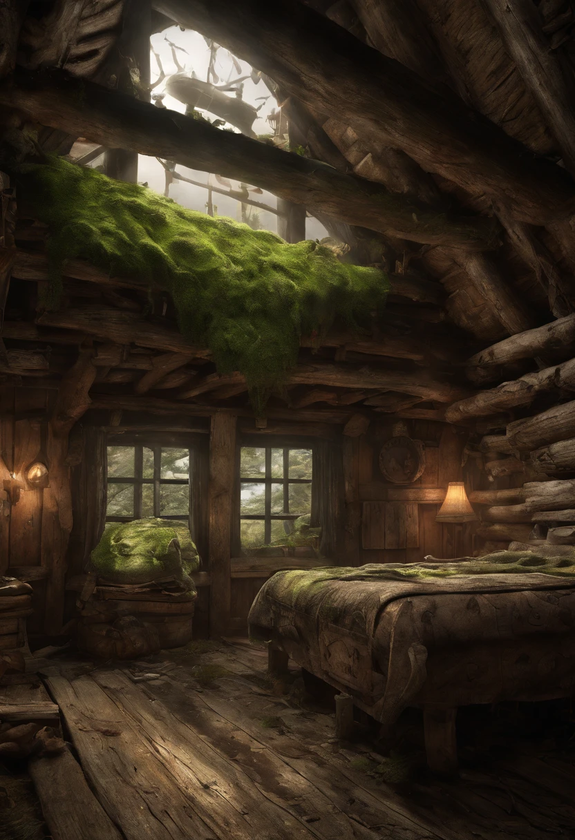 Realistic image of an interior of an old cabin where it is really old and covered with moss. Mysterious lighting, 8k, UHD, hyper detail. Emphasize details that inside the cabin is really dusty and by the walls, there are symbols that seems to be a sinister symbol.  Realistic. Creepy pasta.