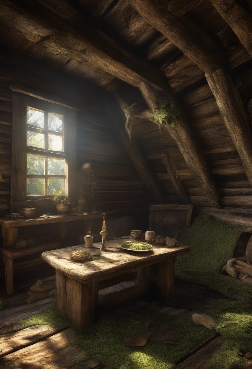 Realistic image of an interior of an old cabin where it is really old and covered with moss. Mysterious lighting, 8k, UHD, hyper detail. Emphasize details that inside the cabin is really dusty and by the walls, there are symbols that seems to be a sinister symbol. Realistic. Creepy pasta.