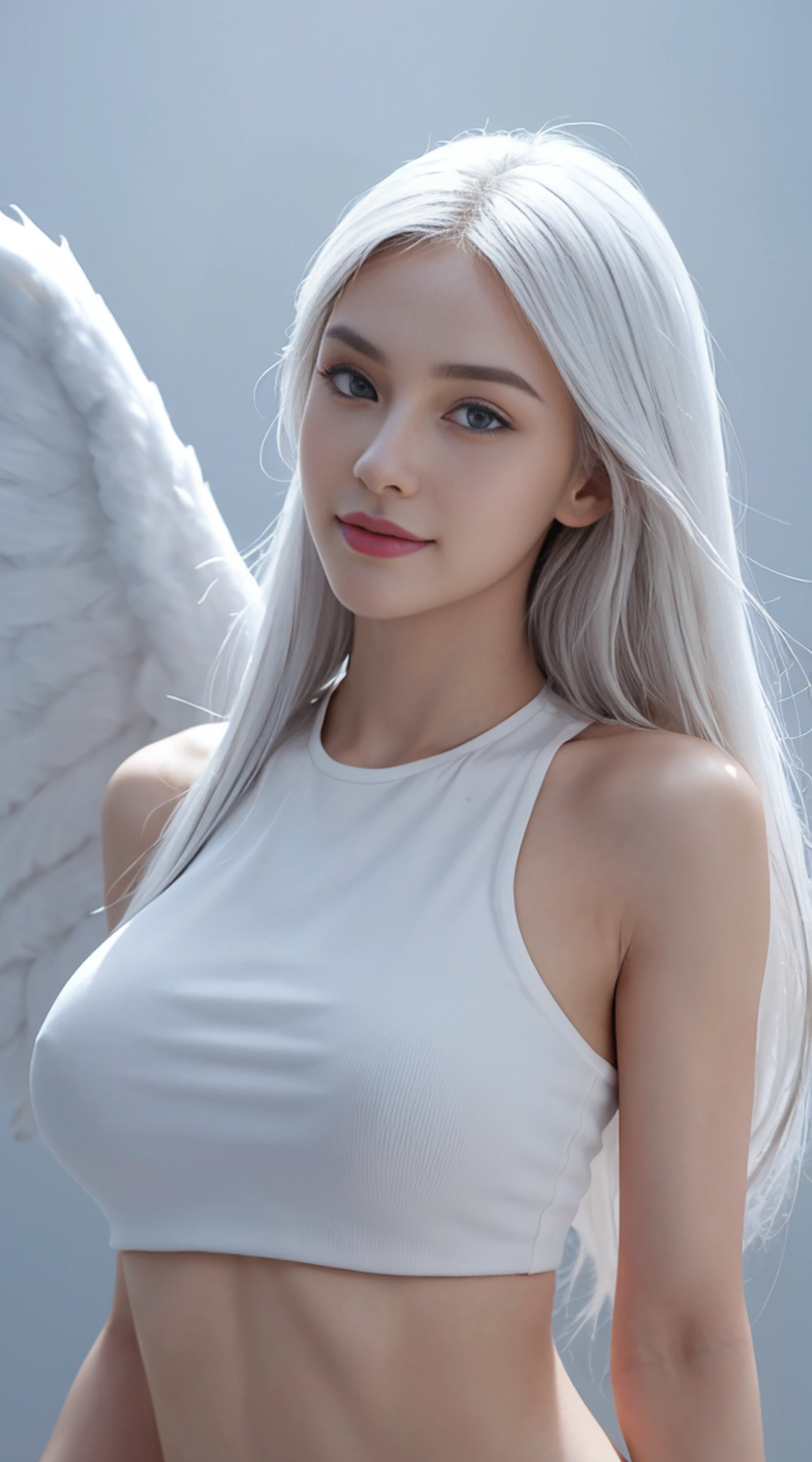 8K, Top Quality, Intricate Details, Ultra Detail, Ultra High Resolution, Masterpiece, random angle, Slender, Smile, (Makeup: 0.4), (Fluffy Blue Eyes: 1.21), blue Eyes, looking at viewer, ((full body)), 1girl, solo, 1 girl, (( full body)), close up shot, , ((tall)), (((fit body))), (((slim face))), sharp face, sharp eyes, ((( white hair, very long hair, )) , (detailed face), sharp face, small lips,
((angel wing )), ((crop top)), detailed face, detailed breast, , large breast, detail ass, , Beautiful girl with accentuated slender abs: 1.4, Six Pack Abs: 1.4, Bust Botox, Big, Perfect Body, detail leg, (( in heaven)),