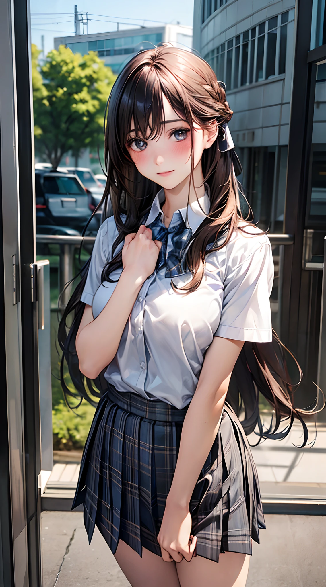 (masterpiece:1.2, top-quality), (realistic, photorealistic:1.4), beautiful illustration, 
looking at viewer, full body, front view:0.6, 
1 girl, japanese, high school girl, (long hair:1.5), blown hair, (half up, half updo), bangs, hair between eye, large breasts:0.8, 
beautiful hair, beautiful face, beautiful detailed eyes, beautiful clavicle, beautiful body, beautiful chest, beautiful thigh, beautiful legs, beautiful fingers, 
(beautiful scenery), , school,
((collared short sleeve shirt, white shirt, school uniform, grey plaid pleated skirt, blue plaid bow tie)), white panties, 
(standing, , lift up skirt, grab the hem of the skirt, hands on chest, hand between legs), 
blush, ,