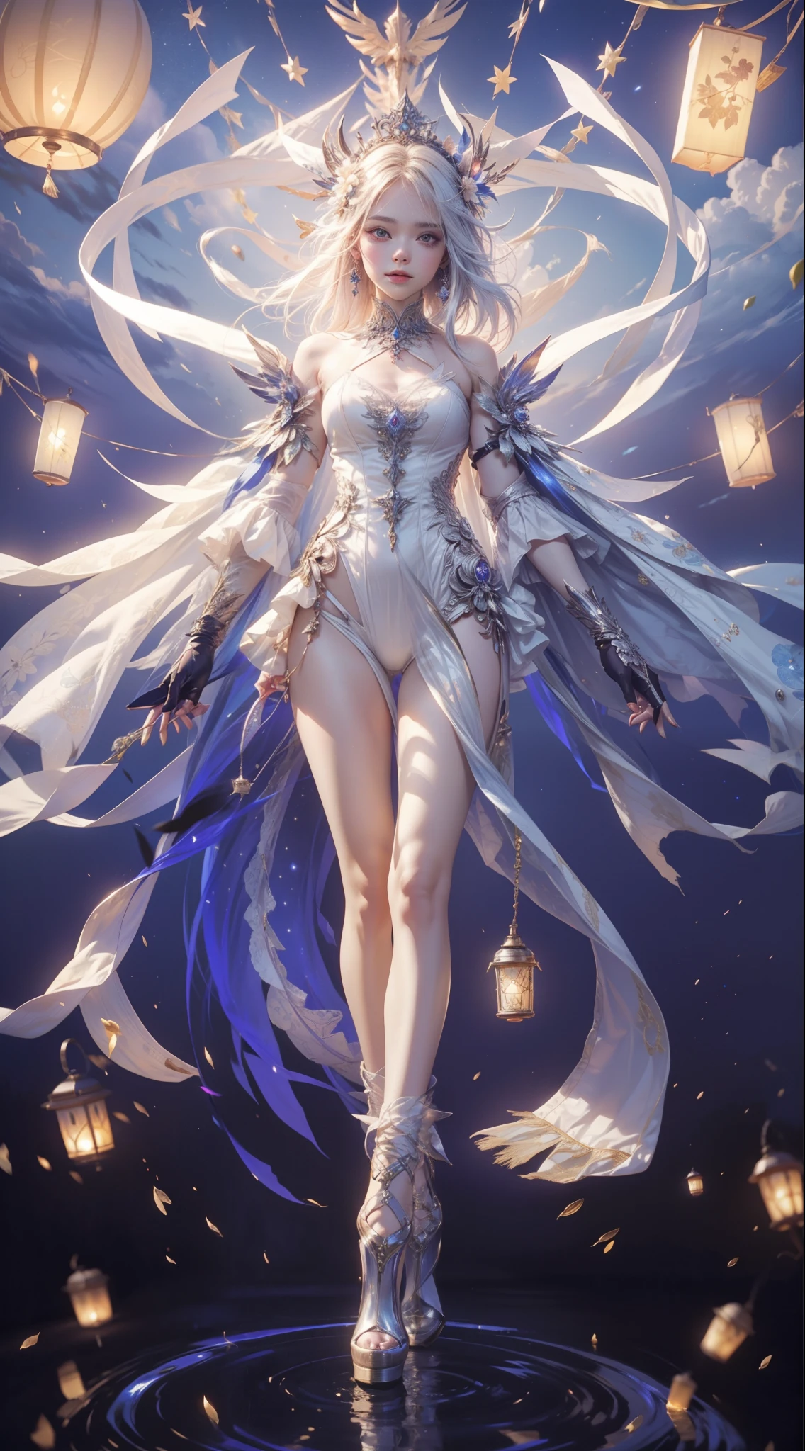 (max resolution: 1.2), (Ultra HDTV: 1.2), 8K resolution, Eye and skin details, face details, , (Sharp focus: 1.2), (Precise focus) sharp face: 1.2), Girl standing in the sky, flying flower lanterns, Mid-Autumn Festival, Ancient costume, (long hair), White hair, Sky full of stars, flying lanterns, flying lanterns