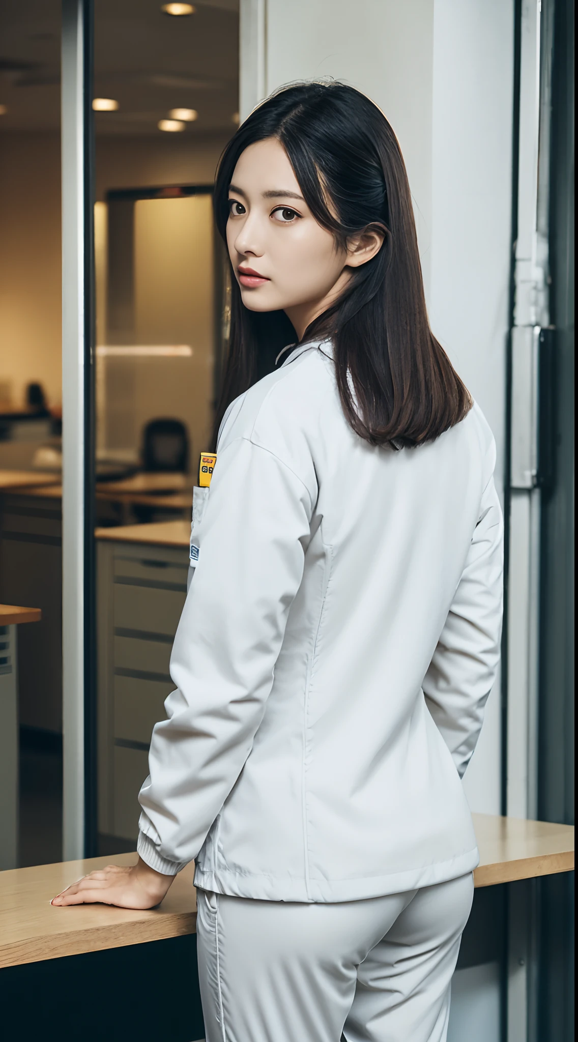 masutepiece, Best Quality, 超A high resolution,(photographrealistic:1.4) (depth of fields),(Lens Glow) , jaket:1.5、Inside the office:1.5、a Pretty Japanese woman1a person:1.5、(Workwear Pants:1.5)、Facing backwards、(White workwear:1.5)、posterior view、