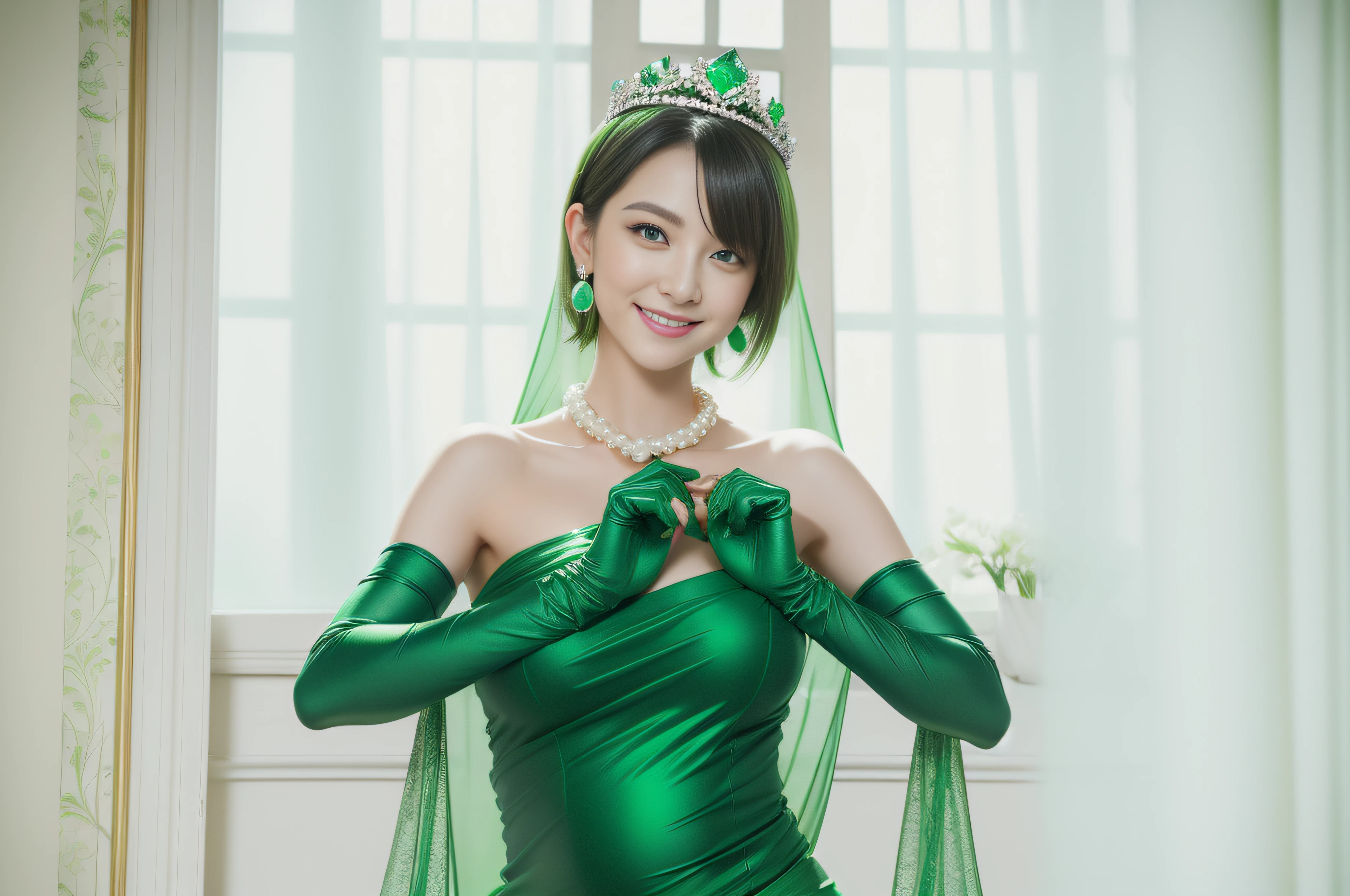 emerald tiara, Green Pearl Necklace, Boyish very short green hair, lipsticks, Japan woman smiling, very short short hair, big breasts beautiful, Green eyes, Long green gloves made of satin material, Green eyes, Emerald Earrings, Green dress, Pregnant Woman, Pregnancy