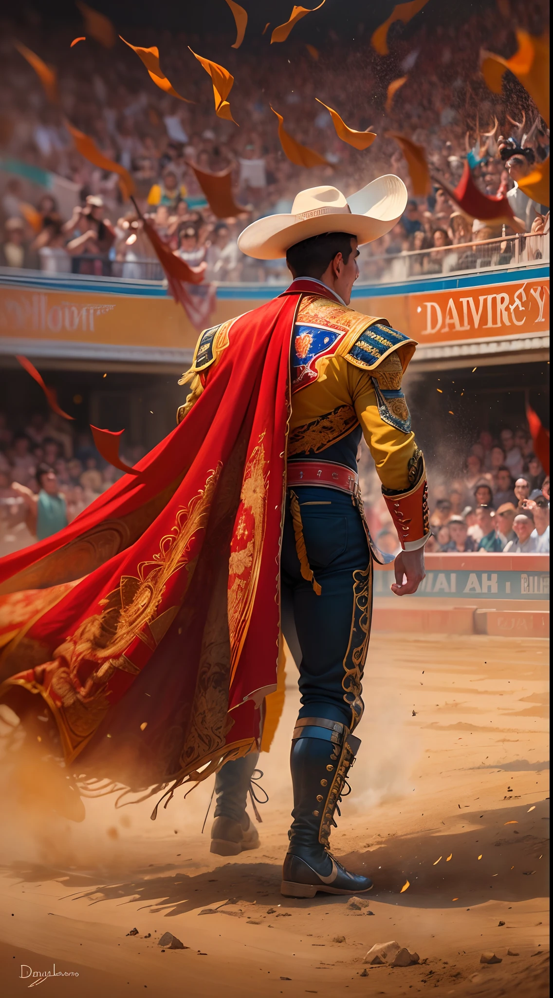 A bullfighter,(best quality,highres:1.2),ultra-detailed,(realistic:1.37),portraits,detailed facial features,colorful costume,ornate matador's suit,bright red cape,dark and intense lighting,traditional bullfighting arena,packed audience,fiery atmosphere,moments of tension and adrenaline,artistically composed scene,graceful and confident postures,triumphant expression on the bullfighter's face,dynamism and movement,sharp focus on every detail,bravery and skill demonstrated,authentic Spanish culture and tradition,passionate and dramatic performance,layered and textured brushwork.