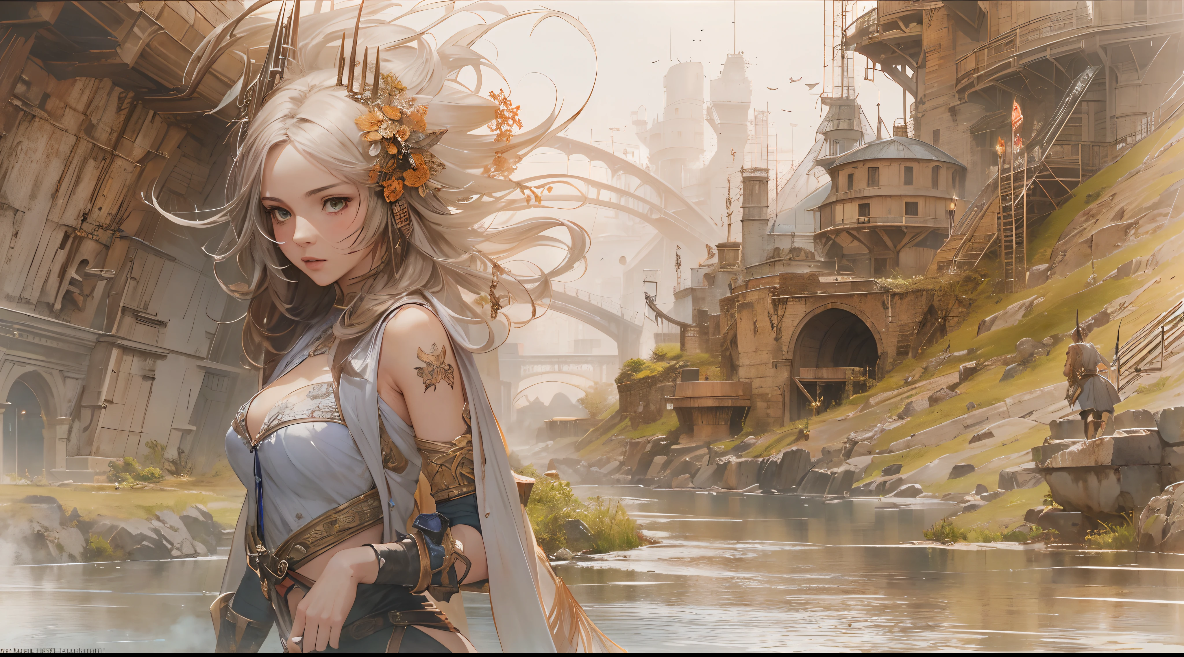"(by Greg Rutkowski: 1.2), (masterpiece), ((best quality)), extremely delicate and beautiful, illustration, (fantasy landscape), A mesmerizing fantasy landscape with enchanting elements blending seamlessly. ((Henne Mines from final fantasy XII)), A sense of tranquility and wonder fills the air, inviting exploration and discovery. Providing a distant view that captures the grandeur and atmosphere. From Brian Froud and Carne Griffiths and Wadim Kashin and John William Waterhouse, 8K post-production, high resolution, hyperdetailed, depth of field, HDR, intricate"