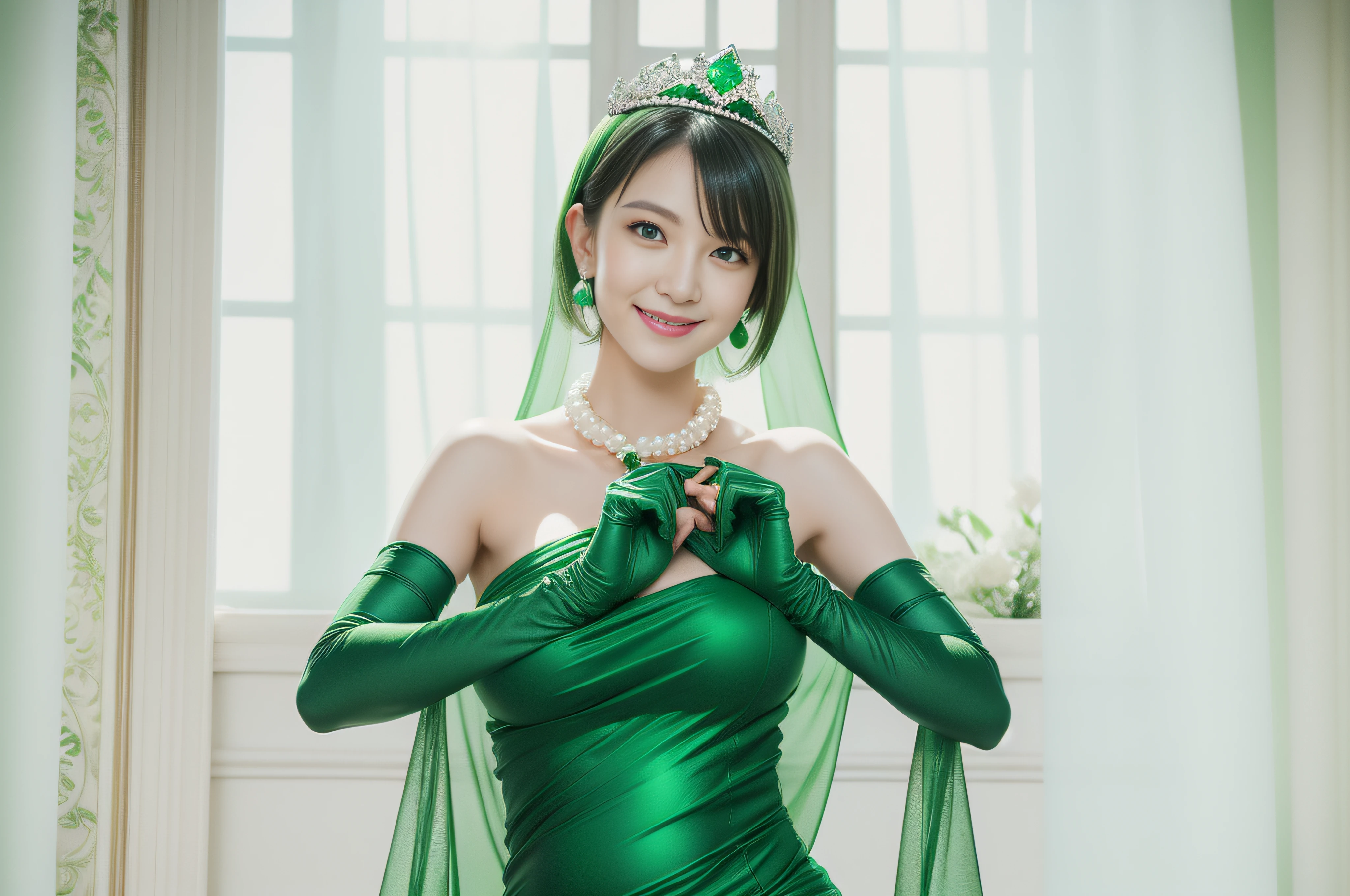 emerald tiara, Green Pearl Necklace, Boyish very short green hair, lipsticks, Japan woman smiling, very short short hair, big breasts beautiful, Green eyes, Long green gloves made of satin material, Green eyes, Emerald Earrings, Green dress, Pregnant Woman, Pregnancy