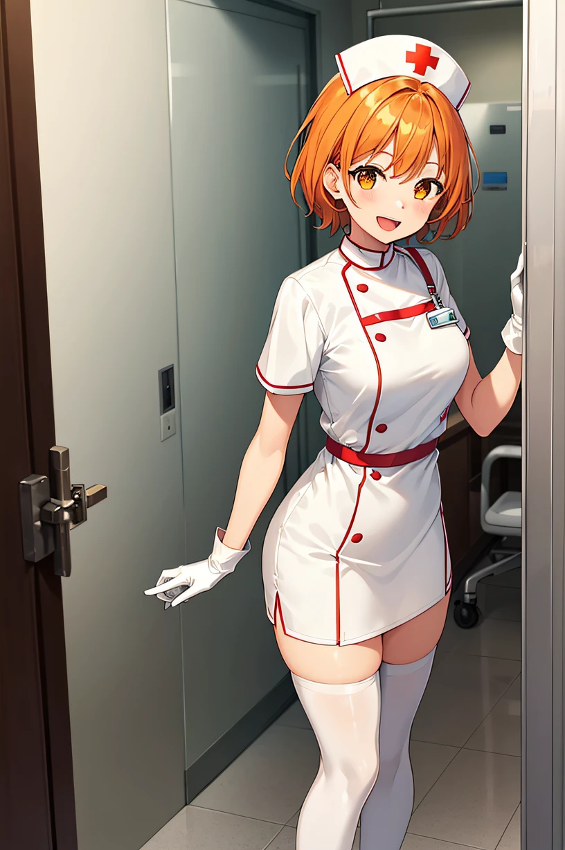 1girl, solo, nurse, nurse cap, white nurse uniform, ((white legwear, zettai ryouiki)), white gloves, very short hair, orange hair, smile, open mouth, standing, ((hospital room)), sharp outline, short sleeves, tomboy, boyish, best quality, masterpiece