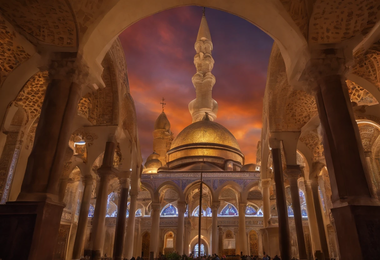 a National Geography picture, (Award Winning: 1.5), (Best Detailed: 1.5( a landscape picture a skyline picture at dawnת (best details: 1.5) of a multi religious city, there are many buildings, standing above them, those are holy buildings to several places of religious worships, a (Catholic church: 1.2), a gothic building with the Holy Cross stands tall on its roof, glass stained decorations of Christian motifs, a (Mosque: 1.2) a magnificent dome with a crescent on top of it, a (Synagogue: 1.2) a massive with intricate architecture building with a Star Of David on its roof, sunrays, few light clouds, divine rays, sky in various shades of red, orange and purple, sense of divinity, ultra best realistic, best details, best quality, 16k, (ultra detailed: 1.5), masterpiece, best quality, (extremely detailed), ultra wide shot, photorealism, depth of field, hyper realistic