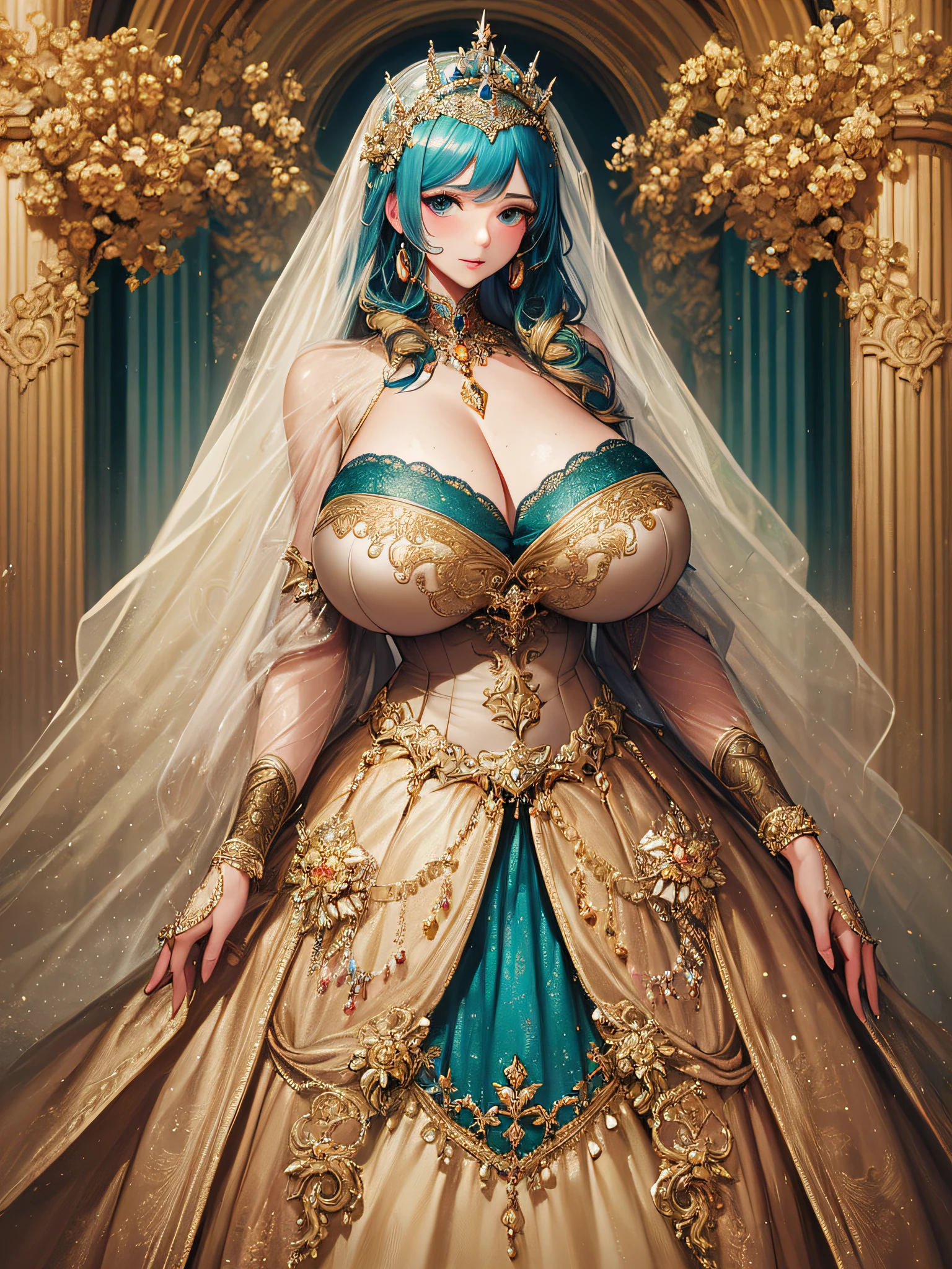 (masterpiece, best quality,extremely detailed:1.1),(moe anime art style:1.3),1 girl,((full body portrait)),standing in palace of versailles,((solo)),cute,kawaii,digital art,(((1 princess wearing gorgeous princess rococo ballgown with voluminous full length hoop skirt))),((crinoline)),long train,((beautiful embroidery and jeweled)),voluminous frills,See-through,(gorgeous embroidery and beautiful lace),(((gigantic tits,skindentation,cleavage))),(((very long hair,very long straight hair))),((finely detailed face and eyes)),clear pupil,extremely gorgeousfull hair ornament,(bling-bling jeweled extremely gorgeousfull tiara),(bling-bling gorgeous gemstone jewelry),long veil,(beautiful background),full body,((gorgeous princess rococo ballgown with voluminous full length hoop skirt))