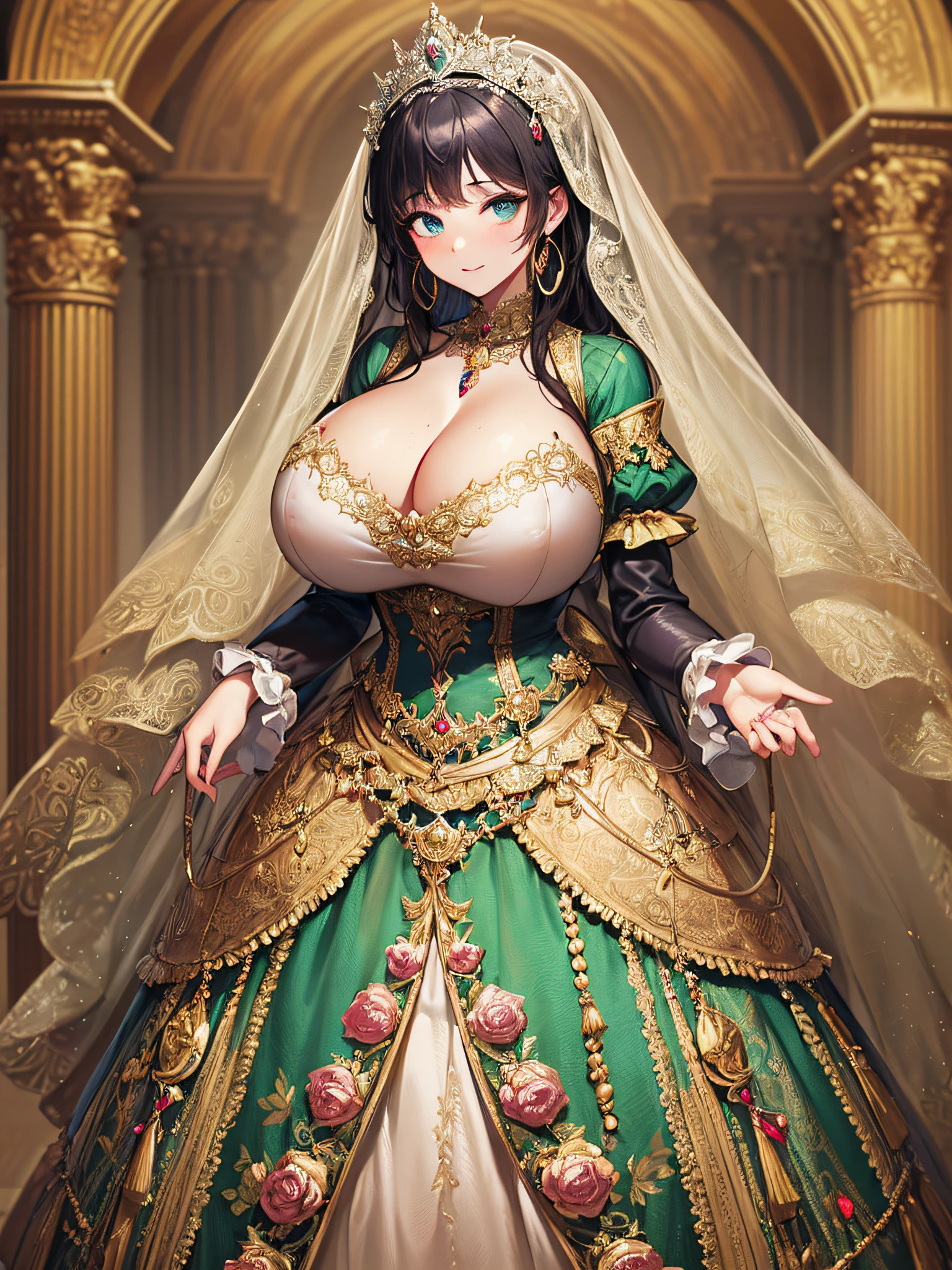 (masterpiece, best quality,extremely detailed:1.1),(moe anime art style:1.3),1 girl,((full body portrait)),standing in palace of versailles,((solo)),cute,kawaii,digital art,(((1 princess wearing gorgeous princess rococo ballgown with voluminous full length hoop skirt))),((crinoline)),long train,((beautiful embroidery and jeweled)),voluminous frills,See-through,(gorgeous embroidery and beautiful lace),(((gigantic tits,skindentation,cleavage))),(((very long hair,very long straight hair))),((finely detailed face and eyes)),clear pupil,extremely gorgeousfull hair ornament,(bling-bling jeweled extremely gorgeousfull tiara),(bling-bling gorgeous gemstone jewelry),long veil,(beautiful background),full body,((gorgeous princess rococo ballgown with voluminous full length hoop skirt))
