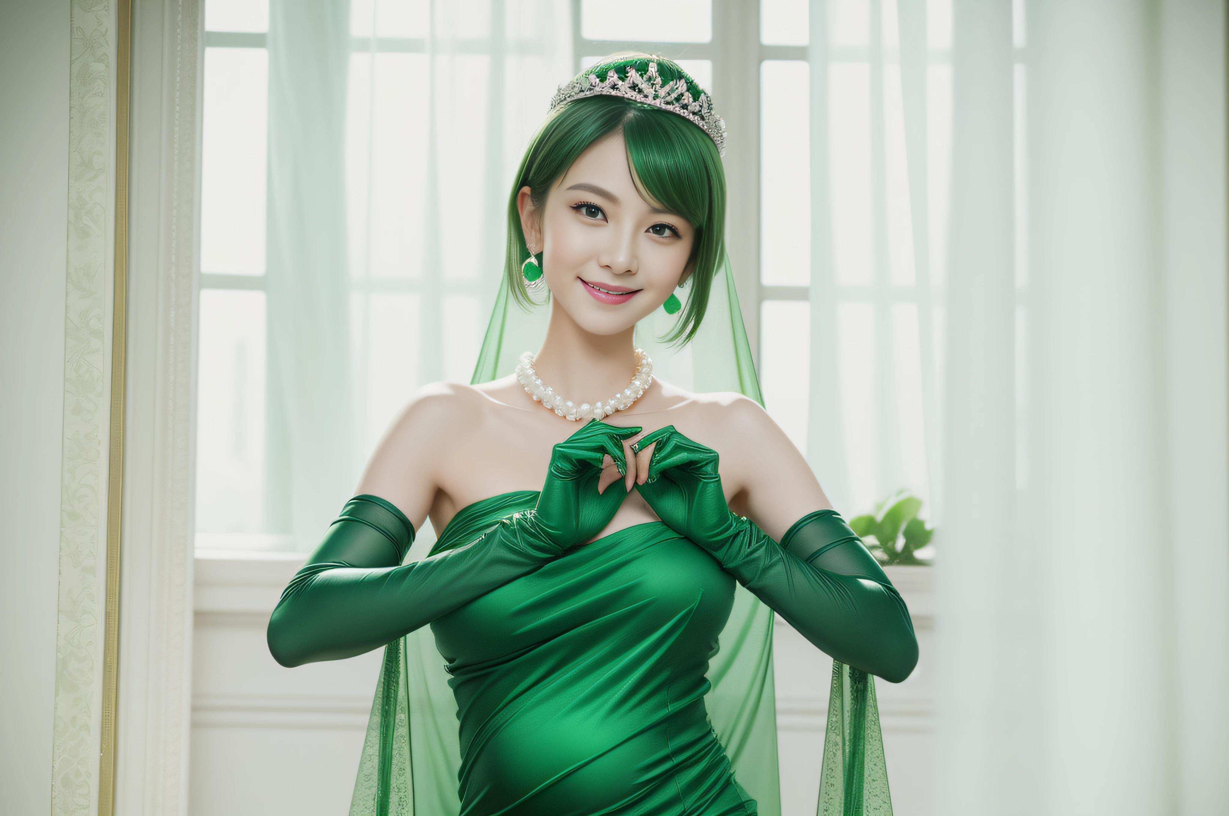 emerald tiara, Green Pearl Necklace, Boyish very short green hair, lipsticks, Japan woman smiling, very short short hair, big breasts beautiful, Green eyes, Long green gloves made of satin material, Green eyes, Emerald Earrings, Green dress, Pregnant Woman, Pregnancy