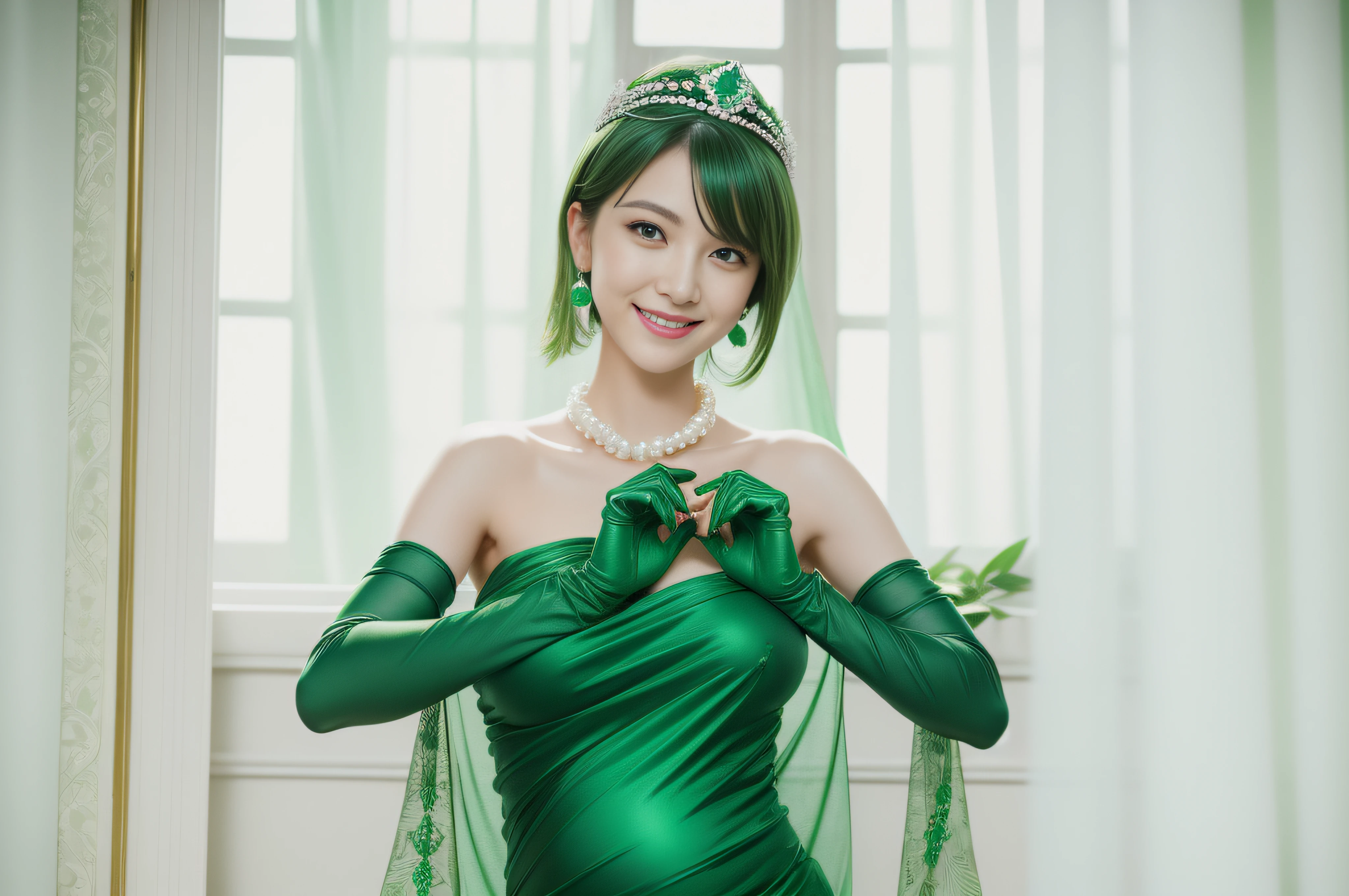 emerald tiara, Green Pearl Necklace, Boyish very short green hair, lipsticks, Japan woman smiling, very short short hair, big breasts beautiful, Green eyes, Long green gloves made of satin material, Green eyes, Emerald Earrings, Green dress, Pregnant Woman, Pregnancy