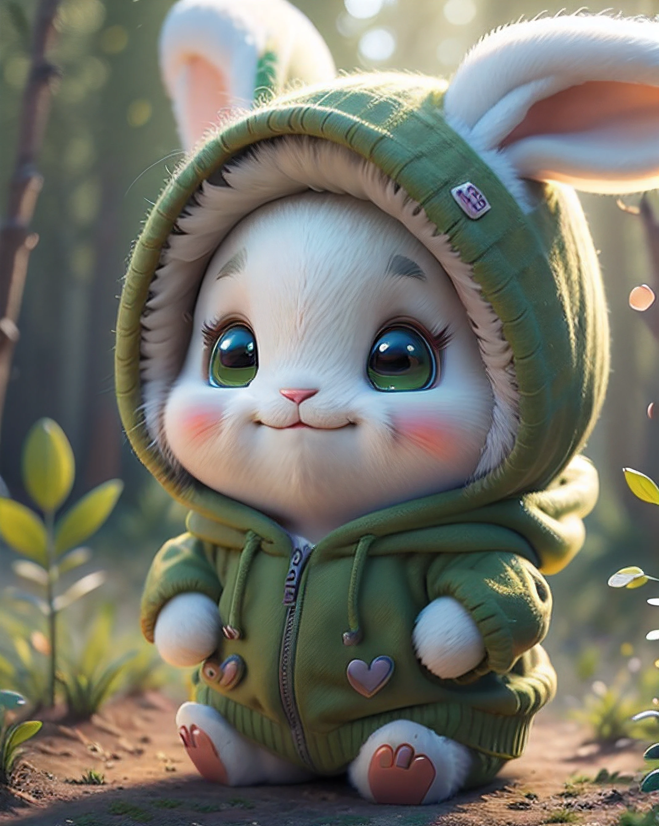 cute bunny with fluffy fur wearing a green hoodie, in the forest, grinning from ear to ear, disney and pixar style drawing, adorable digital painting, cartoon character, 3d render, bright lighting, vivid colors,