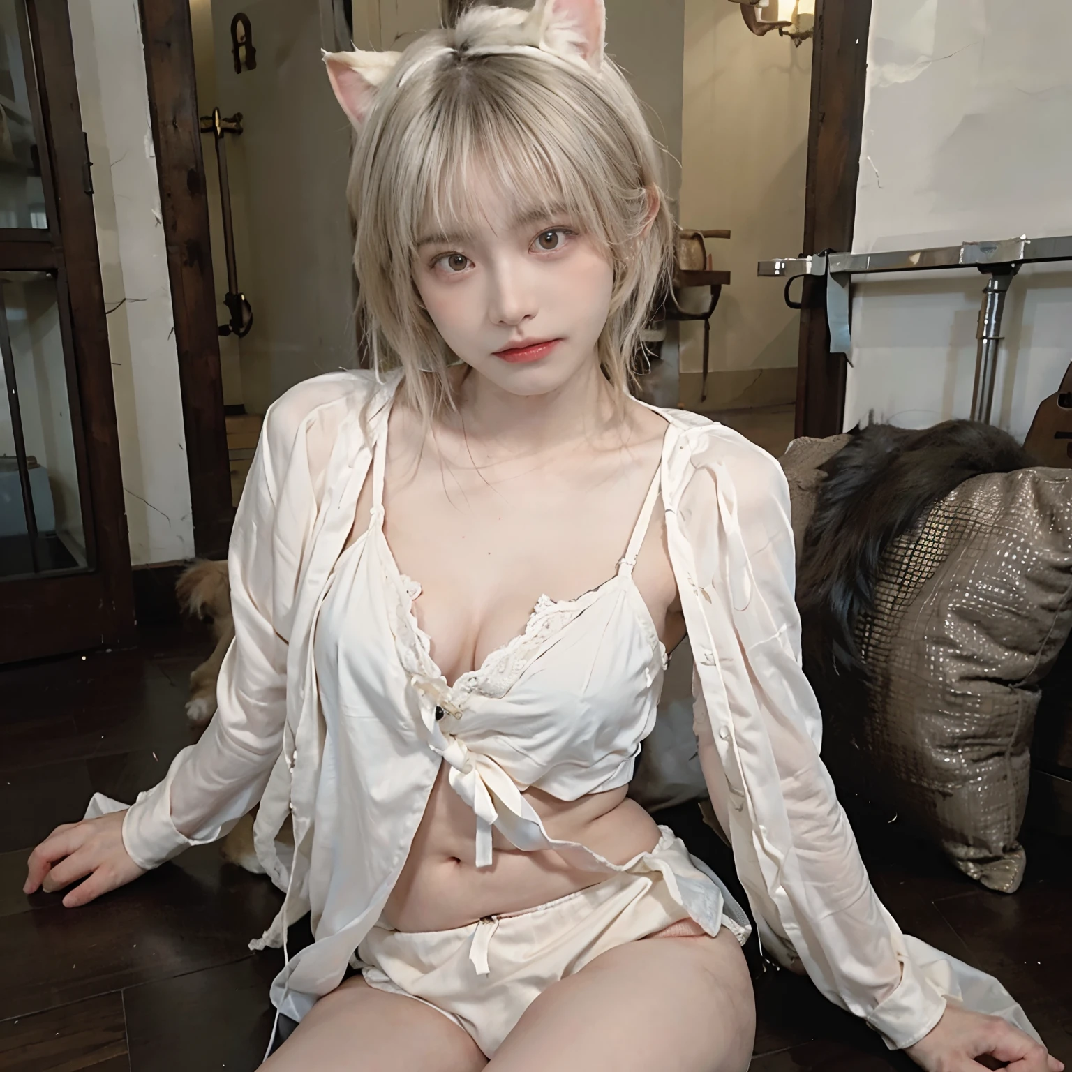 8K,((NSFW))、(Sexy poses collection)、((in one's underwear only))、(((Cream hair color))) 、undersized head、Best Quality, masutepiece, Ultra High Resolution, (Realism: 1.4), Original photo, (True skin texture: 1.3), (Film grain: 1.3), Beautiful eyes and face details, masutepiece, Best Quality, close up, Full body、short-cut、18year old、Cream-colored cat ears