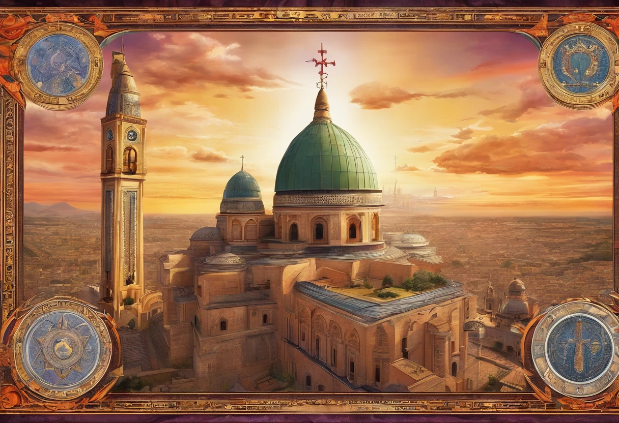 a National Geographic picture, (Award Winning: 1.5), (Best Detailed: 1.5( a landscape picture a skyline picture at dawnת (best details: 1.5) of a multi religious city, there are many buildings, standing above them, those are holy buildings to several places of religious worships, a (Catholic church: 1.2), a gothic building with the Holy Cross stands tall on its roof, glass stained decorations of Christian motifs, a (Mosque: 1.2) a magnificent dome with a crescent on top of it, a (Synagogue: 1.2) a massive with intricate architecture building with a Star Of David on its roof, sunrays, few light clouds, divine rays, sky in various shades of red, orange and purple, sense of divinity, ultra best realistic, best details, best quality, 16k, (ultra detailed: 1.5), masterpiece, best quality, (extremely detailed), ultra wide shot, photorealism, depth of field, hyper realistic