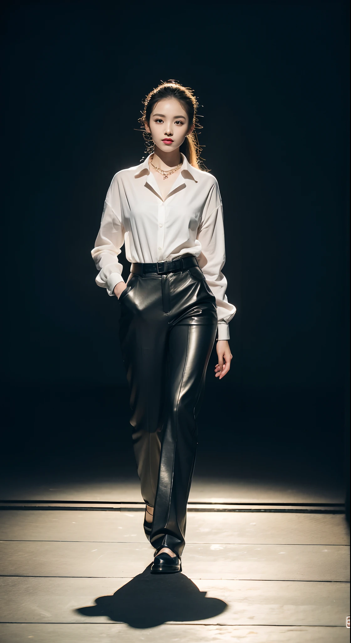 （8K分辨率，Full-body photos），（1womanl，age 22，（（rosto magro，Flushed face，delicated face，详细的脸），Slightly squinted eyes，Seductive smile，（Single ponytail，Long hair micro-curls）），Fair smooth skin，（Best Skin Type：1.21），busty figure，（（Bespoke slim suit，White shirt，No underwear，denim pant，Leather boots（High-grade materials，knitting，real silk，leathers），Thin band，Metal necklace，jewely），Tall and tall，（dancing posture，Naturally placed hands），delicate artwork，perfect hand，Ultra-fine clothing material），（Urban street background，Shuttling through the crowd，Exquisite setup details），（Professional lighting，Artistic lighting），（（Dress neutrally，Material contrast，Fit contrast，Color contrast，Uniform tones，））），（Golden section，Cinema lenses，Hasselblad photograp，tmasterpiece：1.3），（advanced art，High-end streetwear，Official propaganda，Art platform）