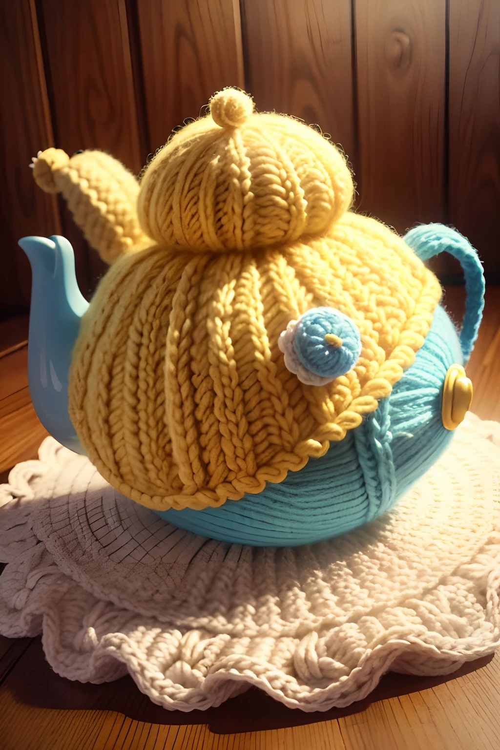 Knitted yellow snail tea cosy with frilled bottom. Tall eyes，Washable fit