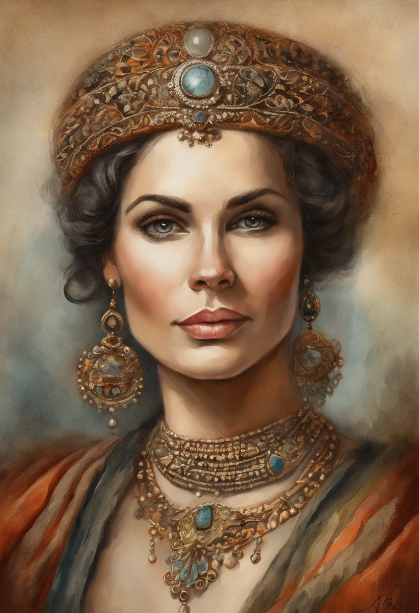 powerful, Sturdy and looks rich for an ordinary plowman. Its curls are compared to pearls, And the eyes of the hero "Like falcons" and the eyebrows are black "Like sables". The plowman is impressive. His clothes are made of expensive materials, which not every rich man can afford. The exterior is beautiful and noble. Stacia Burlington Style, watercolour, soft colour, Serene face, a closeup of a, Vintage images