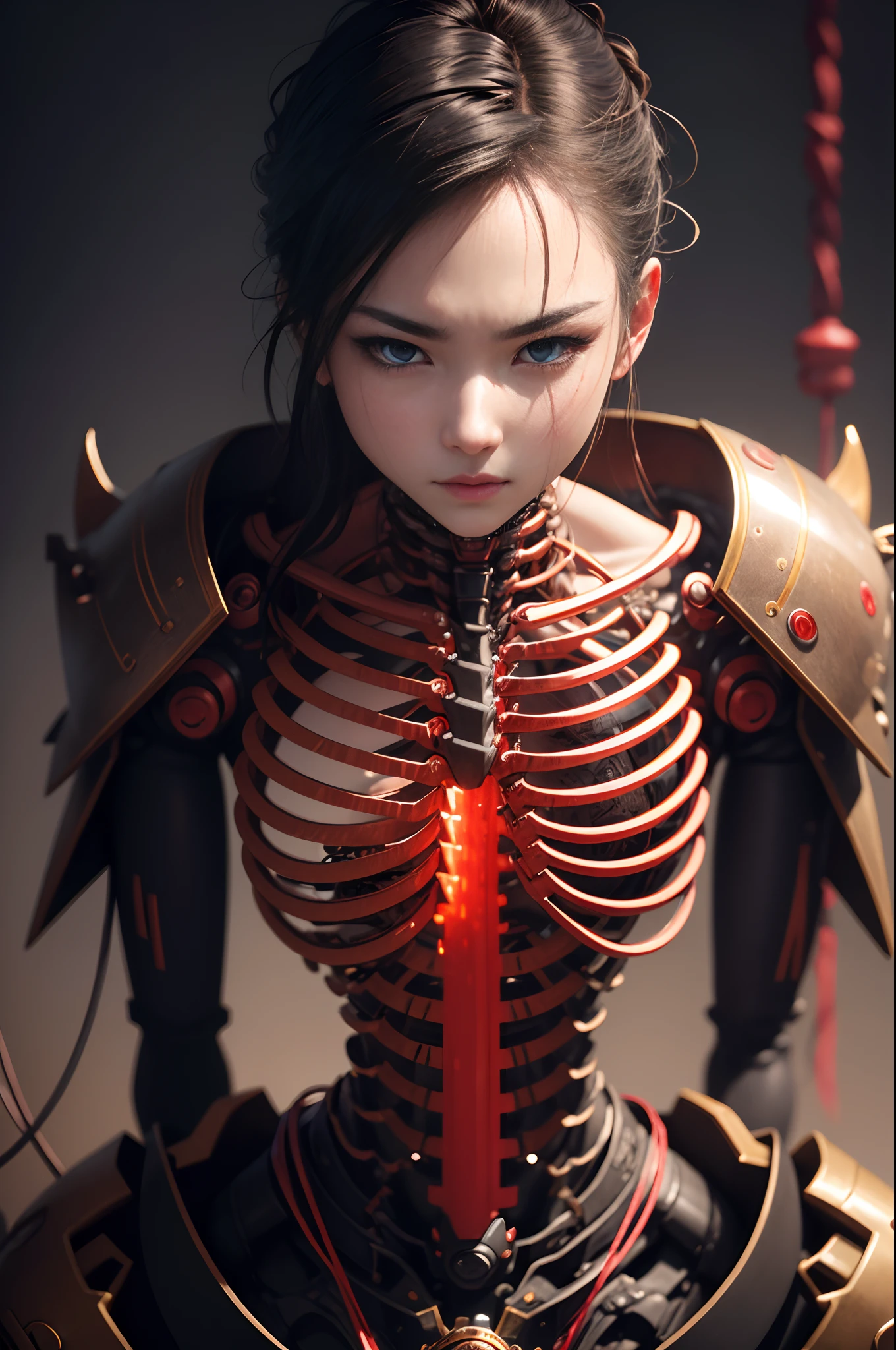 1. Mechanical Boy、((super realistic details))、portlate、globalillumination、Shadow、octan render、8K、ultrasharp、metals、Details of complex ornaments、cold color、Details of Japan people、Precise detail thanks to exposed half frames Internal skeleton frame highly intricate detail、Realistic light、CGSoation Trends、radiant eyes、Facing the camera、neon details、Mechanical limbs、blood vessels connected to tubes、Mechanical vertebrae attached to the back、mechanical cervical attaching to neck、sitting on、Wires and cables connecting to the head 超A high resolution Mono eye glowing red Realistic metallic luster