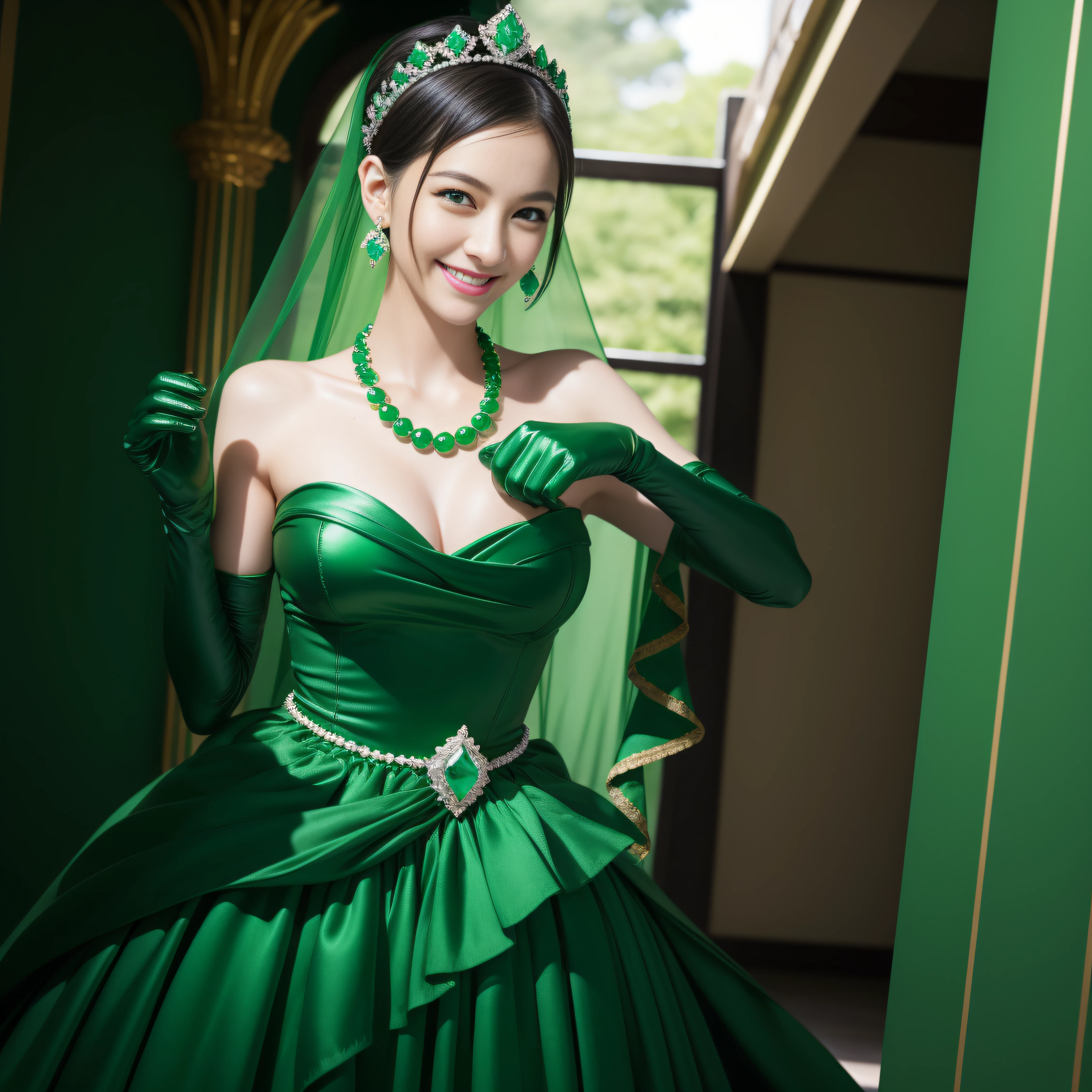 emerald tiara, Green Pearl Necklace, Boyish very short black hair, lipsticks, Japan woman smiling, very short short hair, big breasts beautiful, Green eyes, Long green gloves made of satin material, Green eyes, Emerald Earrings