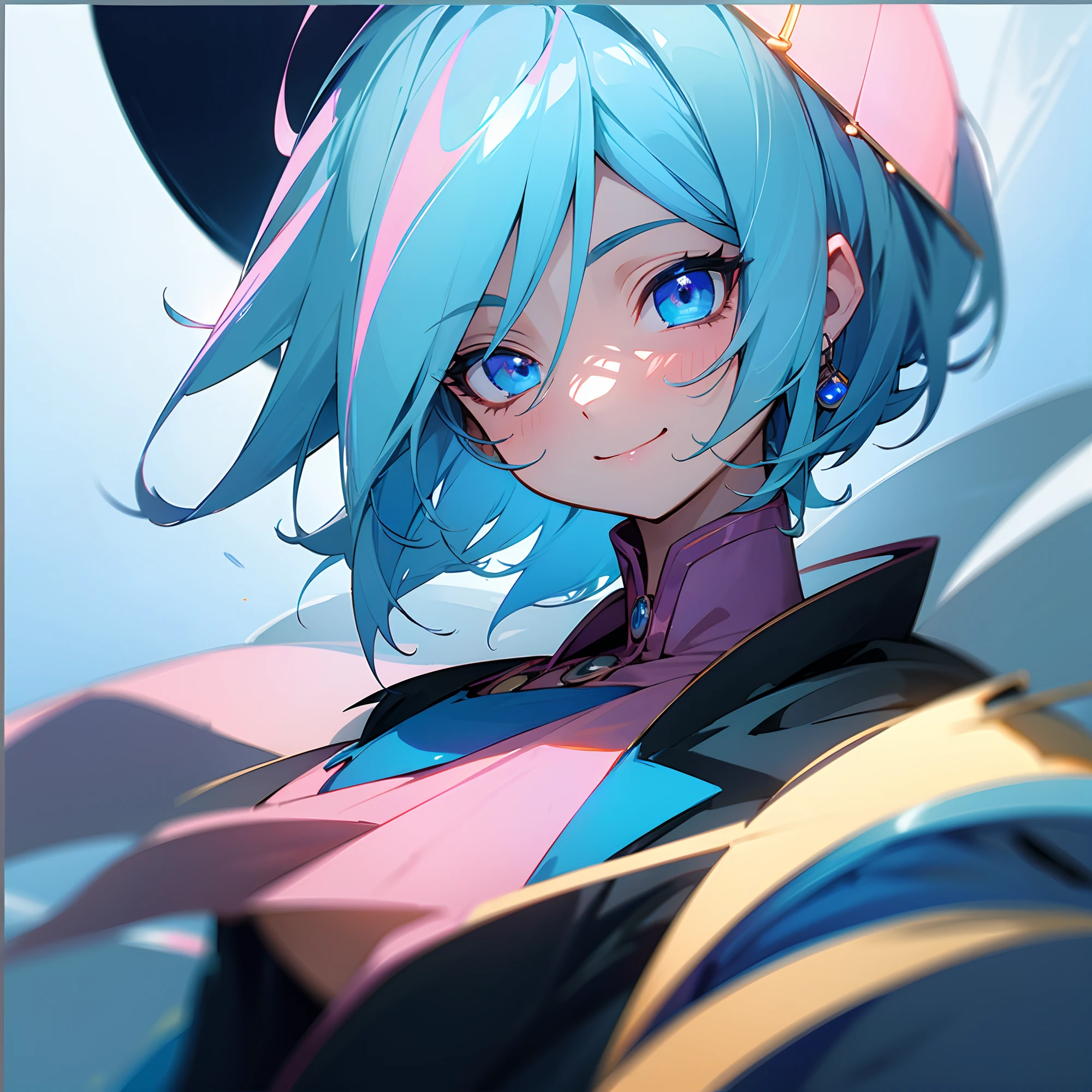 Dark Magician Girl、1 person、(highly detailed back ground:1.0)、(highly detailed back ground:1.0)、​masterpiece、top-quality、超A high resolution、8K、Cruising Up、short-hair、frombelow、looking in camera、(1/2 and 1 light blue/2 golden hair)、BREAK、Detailed skin、glowy skin、(Detailed eyes、Blue eyes)、Burning cheeks、(Smiling:1.4)