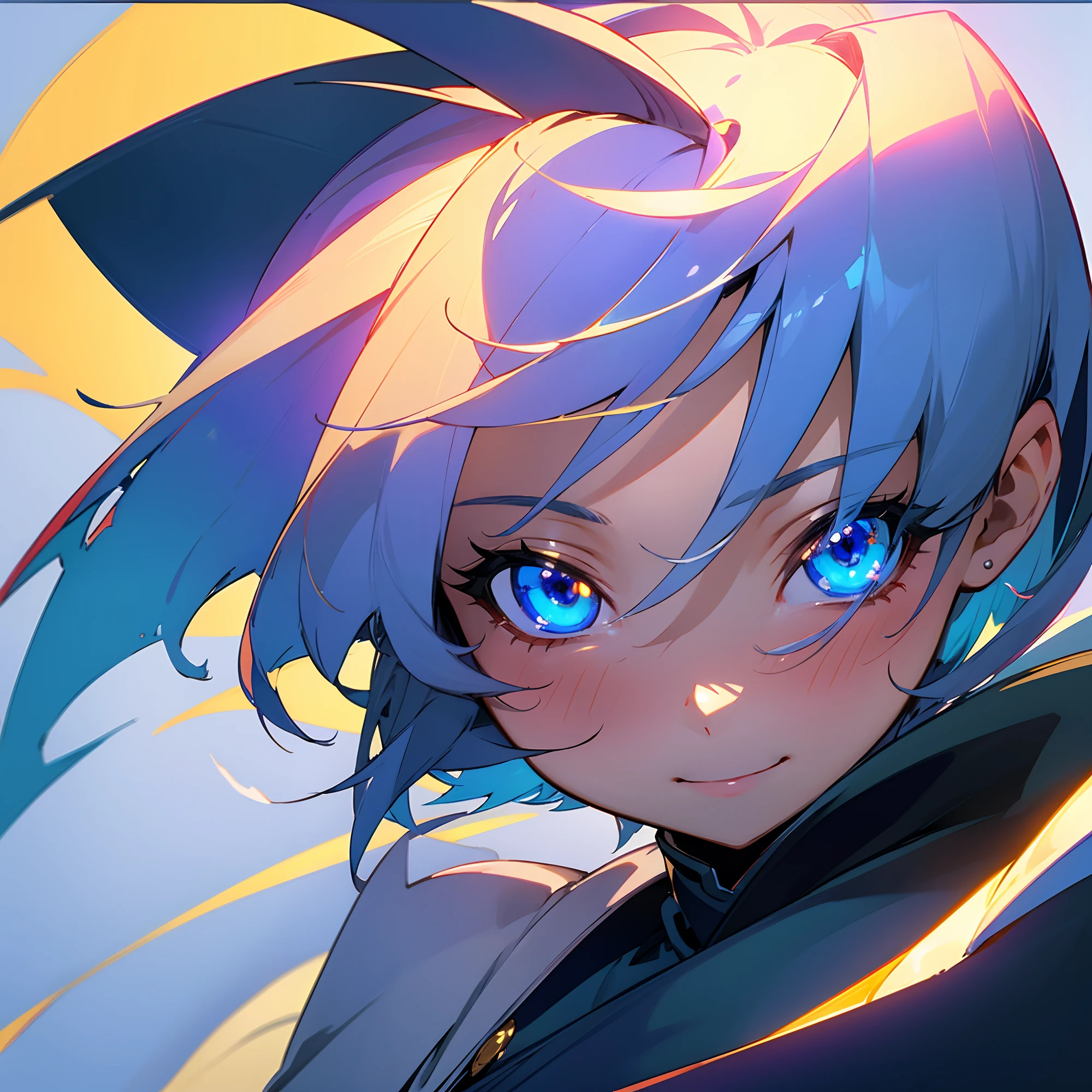 Dark Magician Girl、1 person、(highly detailed back ground:1.0)、(highly detailed back ground:1.0)、masterpiece、top-quality、超A high resolution、8K、Cruising Up、short-hair、frombelow、looking in camera、(1/2 and 1 light blue/2 golden hair)、BREAK、Detailed skin、glowy skin、(Detailed eyes、Blue eyes)、Burning cheeks、(Smiling:1.4)