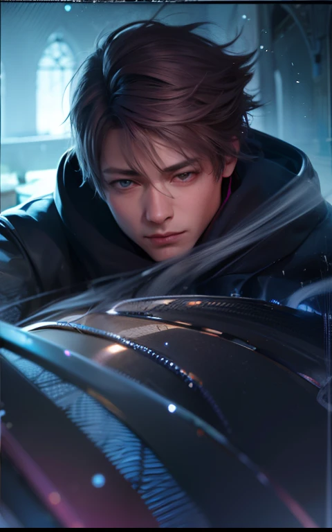 masculine male, masterpiece, ((perfect eyes)) best quality, (semirealism:1.9), beautiful lighting, (extremely detailed CG unity 4k fhd wallpaper), High Detail, Sharp focus, dramatic outdoors, 1 boy ,19 years old, white hair, light purpel eyes, smile.
