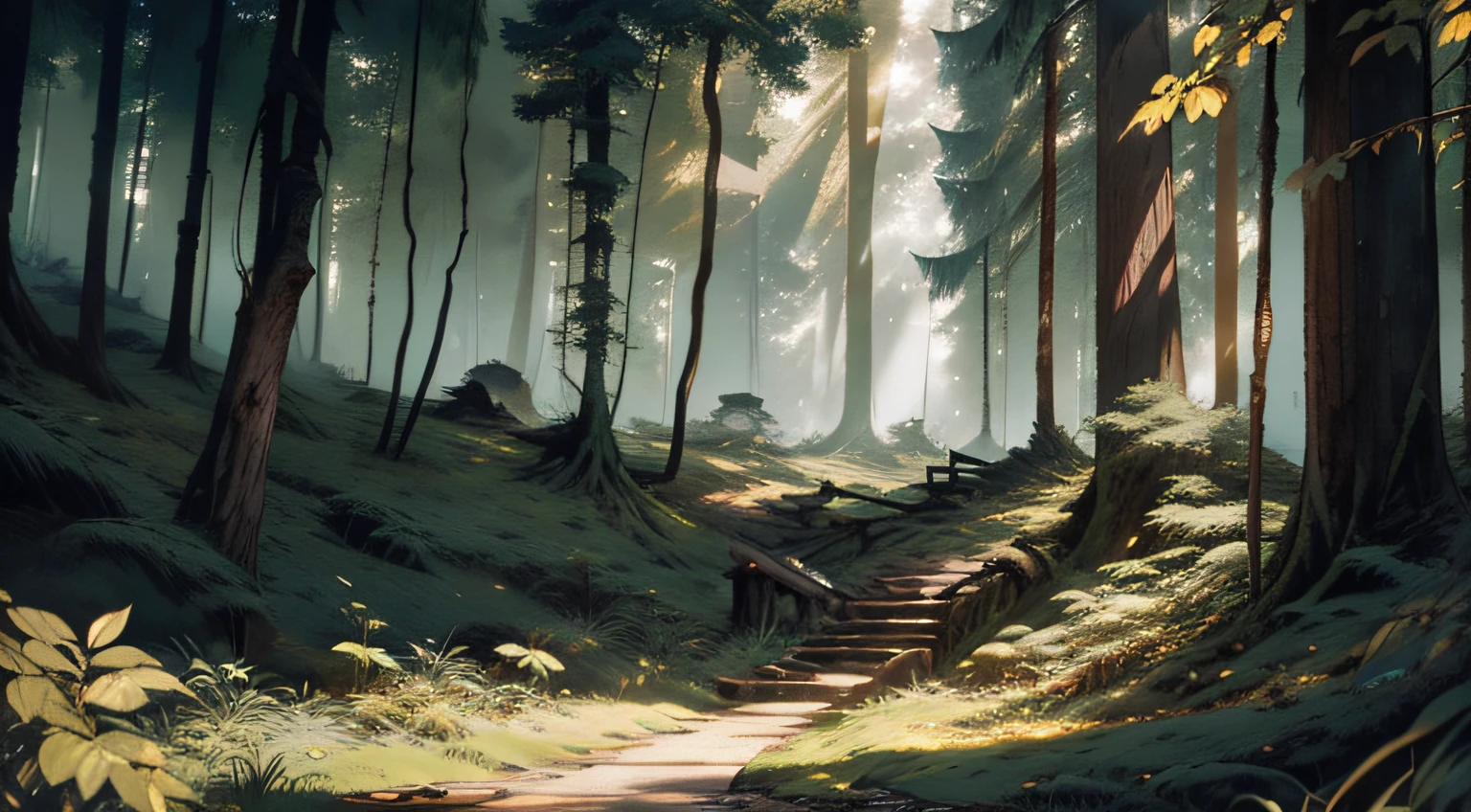 small forest landscape, green tones, dayligth, from Brian Froud and Carne Griffiths and Wadim Kashin and John William Waterhouse, 8K post-production, high resolution, hiperdetailed, trending in artstation, sharp-focus, Studio photo, from Greg Rutkowski