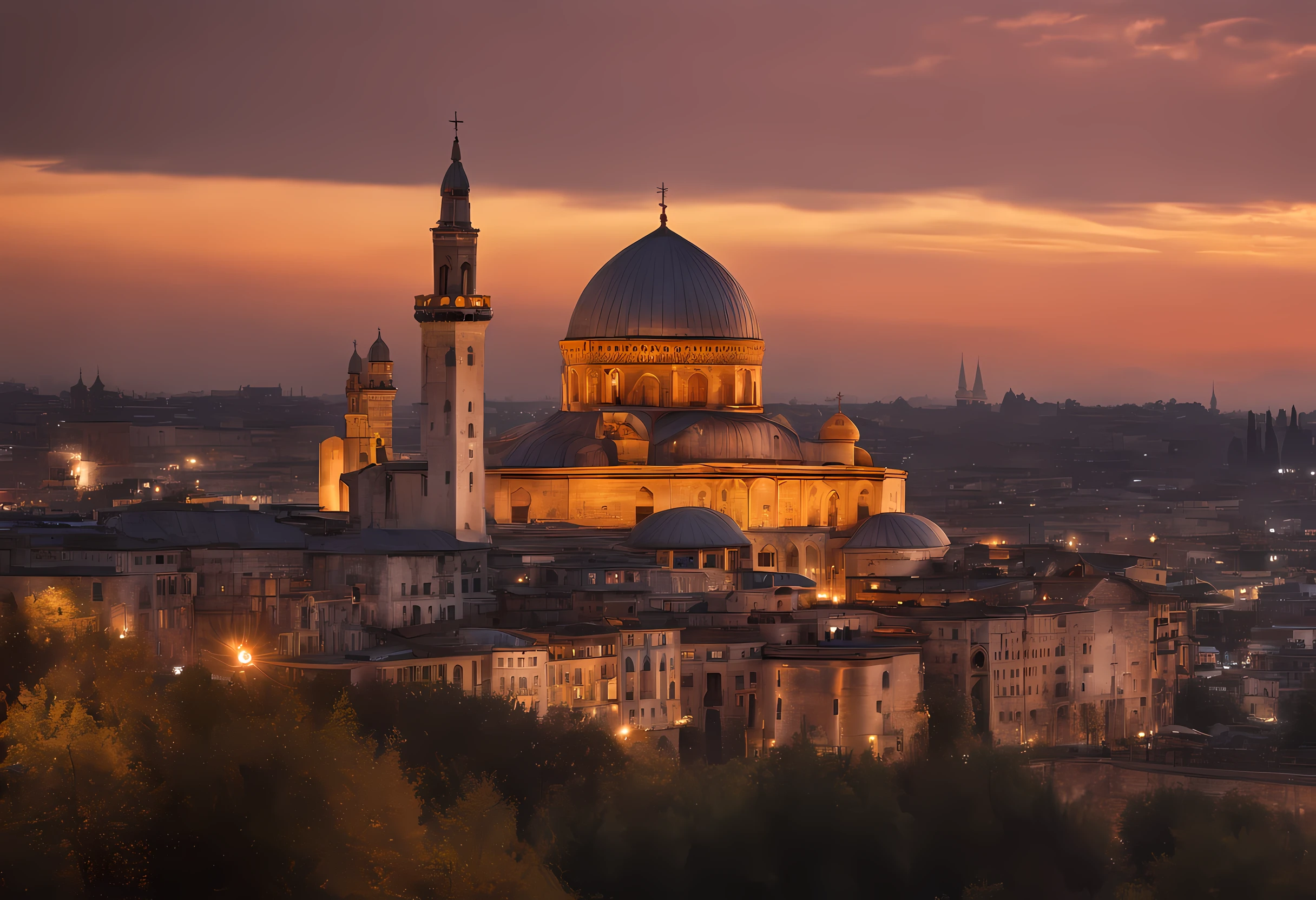 a National Geography picture, (Award Winning: 1.5), (Best Detailed: 1.5(  a landscape picture a skyline picture at dawnת (best details: 1.5) of a multi religious city, there are many buildings, standing above them, those are holy buildings to several places of religious worships, a (Catholic church: 1.2), a gothic building with the Holy Cross stands tall on its roof, glass stained decorations of Christian motifs, a (Mosque: 1.2) a magnificent dome with a crescent on top of it,  a (Synagogue: 1.2) a massive with intricate architecture building with  a Star Of David on its roof,  sunrays, few light clouds, divine rays, sky in various shades of red, orange and purple, sense of divinity, ultra best realistic, best details, best quality, 16k, (ultra detailed: 1.5), masterpiece, best quality, (extremely detailed), ultra wide shot, photorealism, depth of field, hyper realistic