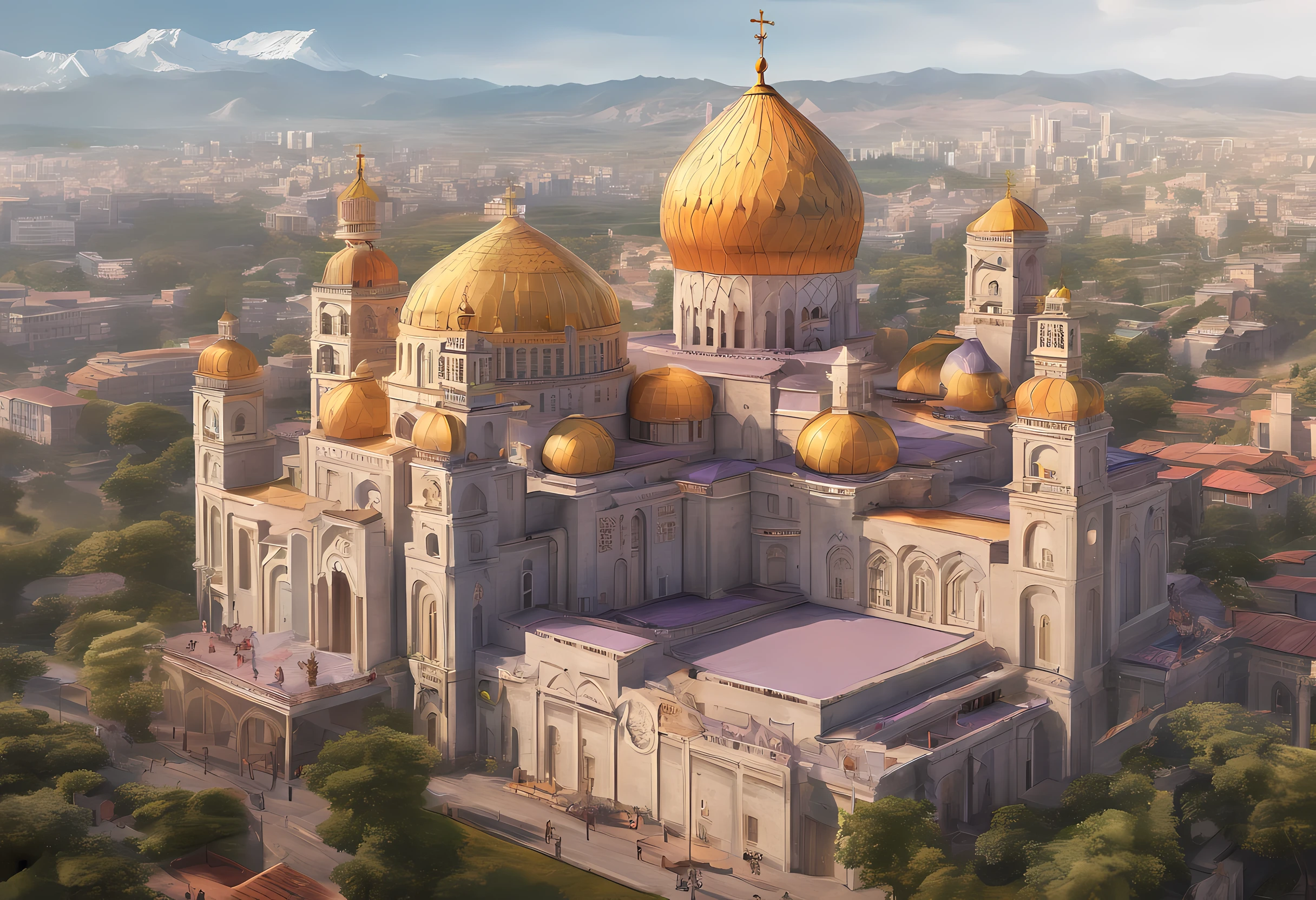 a National Geographic picture, (Award Winning: 1.5), (Best Detailed: 1.5( a landscape picture a skyline picture at dawnת (best details: 1.5) of a multi religious city, there are many buildings, standing above them, those are holy buildings to several places of religious worships, a (Catholic church: 1.2), a gothic building with the Holy Cross stands tall on its roof, glass stained decorations of Christian motifs, a (Mosque: 1.2) a magnificent dome with a crescent on top of it, a (Synagogue: 1.2) a massive with intricate architecture building with a Star Of David on its roof, sunrays, few light clouds, divine rays, sky in various shades of red, orange and purple, sense of divinity, ultra best realistic, best details, best quality, 16k, (ultra detailed: 1.5), masterpiece, best quality, (extremely detailed), ultra wide shot, photorealism, depth of field, hyper realistic