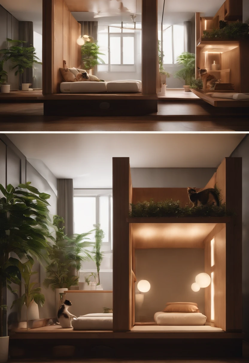 cat tower, modular, petspective room layout, with furniture overturned, with 3 d render, with 3d render, box, top angle view, capsule hotel, full-shot, full - shot, theophanic atmospheric vivarium, doll house, designed for cozy aesthetics!, with clear glass