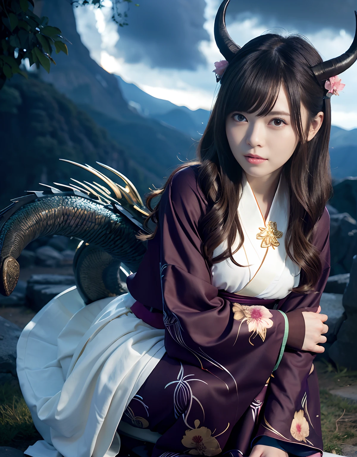 ((World of Darkness)),Professional , masterpiece、top-quality、photos realistic , depth of fields 、(sexypose)、Oiran hairstyle、Maiko's hairstyle、(White maple on full bloom background),(Ultimate Beauty)、A dark-haired、(shrine background)、(Kimono with beautiful pattern)、(Night background)、Beautiful hair ornament on the head、((Precipitous cliffs)),(Wear a beautiful kimono),(Wear a beautiful kimono with colorful floral patterns)、Jewel Gold Weapon、Particles of light),(Wearing a wizard's hat)、Gorgeous gold weapons ,Castle background、(( Gorgeous Dragon Sword)) , (a dark night),,(maikurobikini) 、((Black Haired Beautiful Girl))、(Castle background)、(demonic wings)、((Gangle's forest background))、Beautiful Caucasian beauty、1a person、dynamic ungle,(((Two devil's horns on the head)))、Smaller head、Idle Smile、Thin and beautiful female hands、Mystical expression、Light Effects、intense fighting、Wind-effect、magic circles、With the legendary magic wand、Dragon's tail、Full Body Angle、