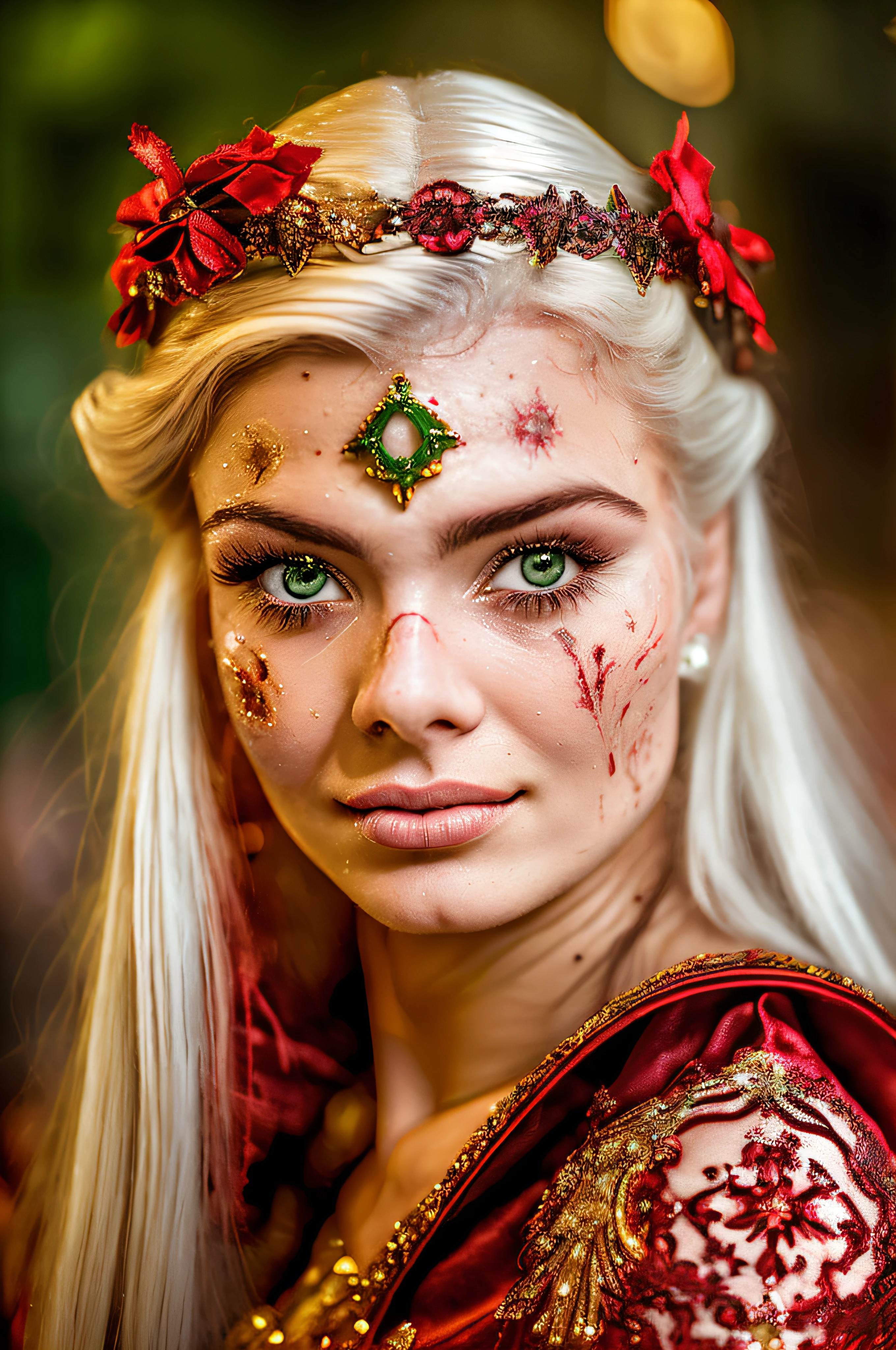 (((a deep reddish wound crosses her left cheek))) fair complexion, woman around 19 years old, natural white hair, distinctive green eyes, wearing kohl, slender and graceful, beautiful, candlelight in a medieval setting, ultra sharp focus, realistic shot, medieval female clothes, tetradic colors (scar:1.4) Jayne Mansfield