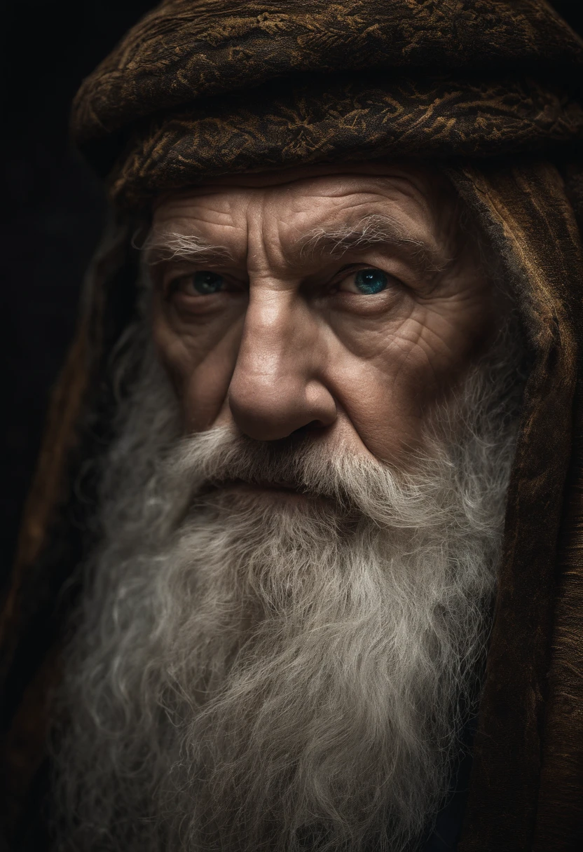 A portrait of a wizard, bearded, wrinkled, aged, with piercing eyes, detailed face, high details, photography, dark studio, rim light, Nikon D850, 50mm, f/1.4