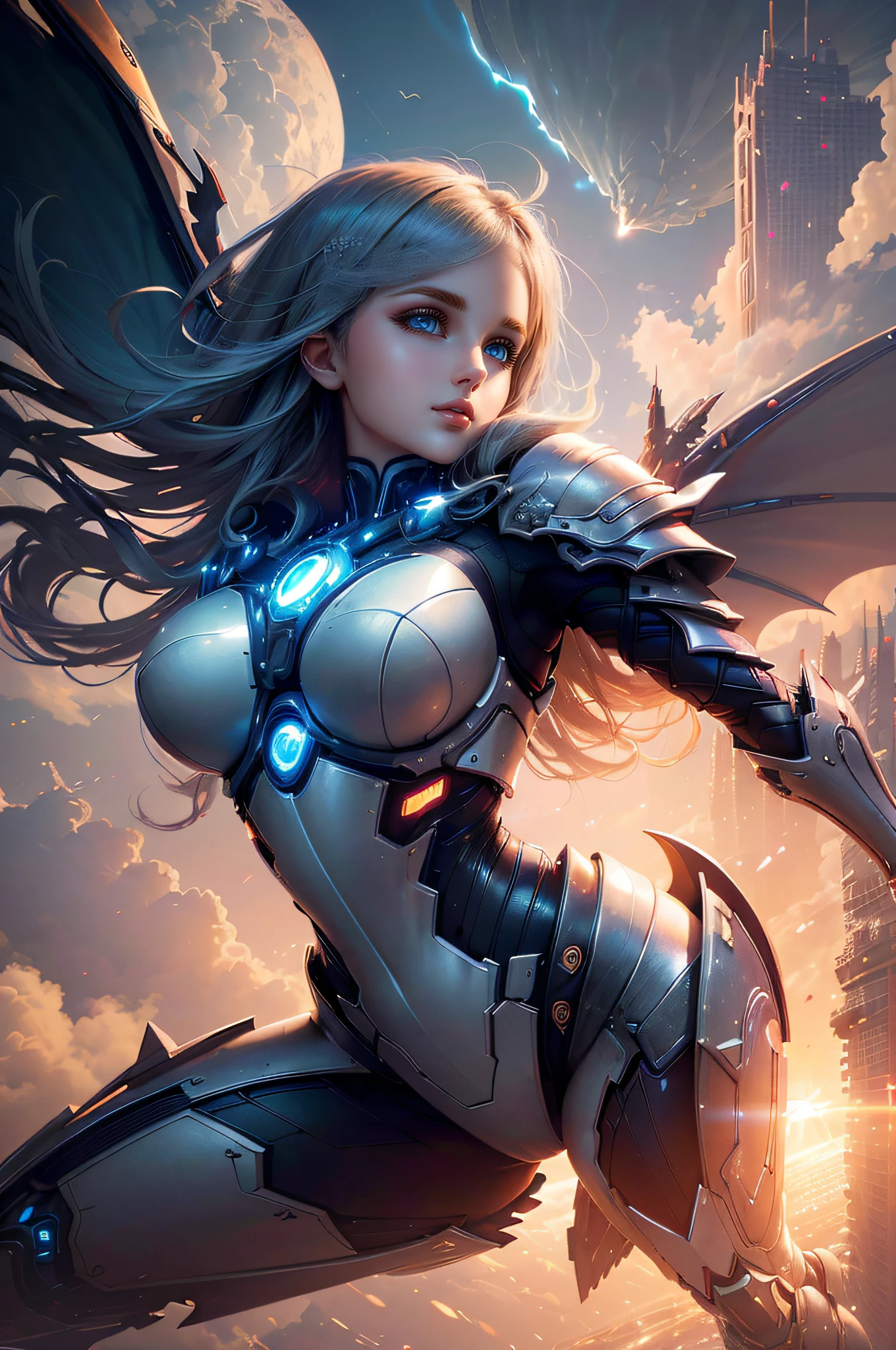 (master part, qualidade superior, best quality, Arte Oficial, Beautiful and Aesthetic:), cidade futurista, armadura, (A girl is flying in the sky:1.4), vento, tempestade, intrincado, elegante, altamente detalhado, liso, foco nítido, Dragon ear, Backlighting, 8k, monstro mecha grande no fundo, noite, (Ambiente escuro),