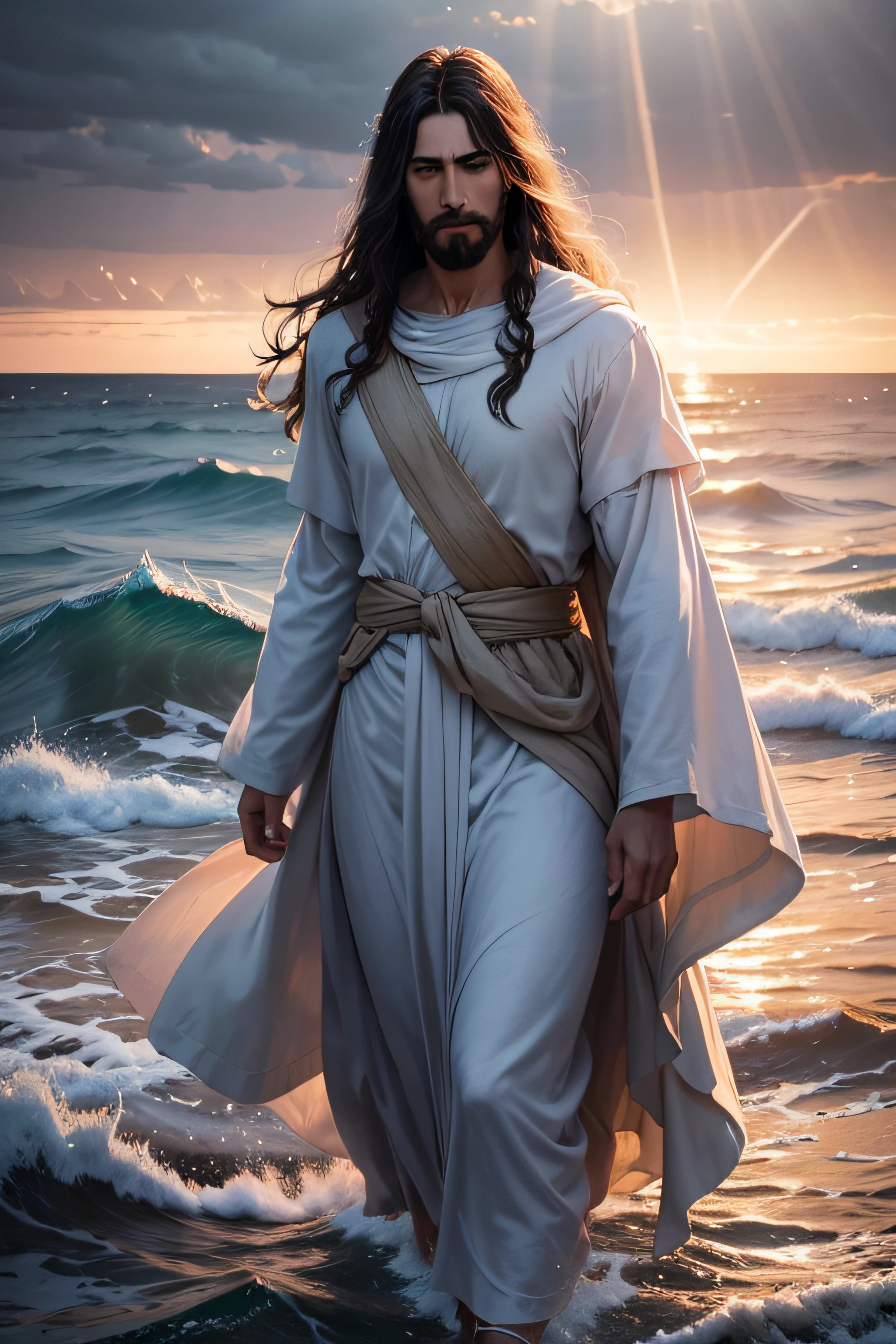 Jesus walking on the water,detailed waves,dramatic lighting,['biblical,religious'] theme,['spiritual,divine'] atmosphere,masterpiece:1.2,ultra-detailed,realistic:1.37,['ethereal,holy'] portraits,colossal stormy sky,sparkling water,sacred moment,heavenly rays,glorious sunset,vibrant colors,supernatural powers,awe-inspiring scene,tranquil horizon, [calming music].