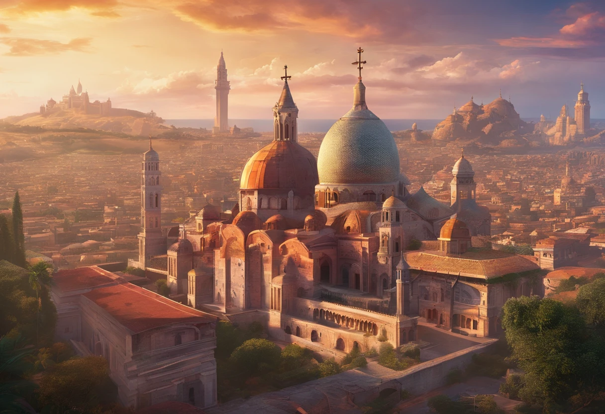 a National Geographic picture, (Award Winning: 1.5), (Best Detailed: 1.5( a landscape picture a skyline picture at dawnת (best details: 1.5) of a multi religious city, there are many buildings, standing above them, those are holy buildings to several places of religious worships, a (Catholic church: 1.2), a gothic building with the Holy Cross stands tall on its roof, glass stained decorations of Christian motifs, and a (Mosque: 1.2) magnificent dome with a crescent on top of it, and a (Synagogue: 1.2) a massive with intricate architecture building with a Star Of David on its roof, sunrays, few light clouds, divine rays, sky in various shades of red, orange and purple, sense of divinity, ultra best realistic, best details, best quality, 16k, (ultra detailed: 1.5), masterpiece, best quality, (extremely detailed), ultra wide shot, photorealism, depth of field, hyper realistic