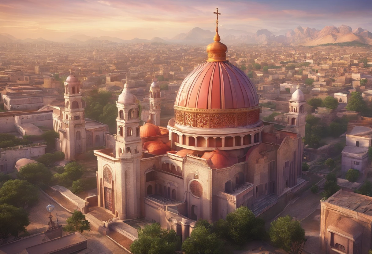 a National Geographic picture, (Award Winning: 1.5), (Best Detailed: 1.5( a landscape picture a skyline picture at dawnת (best details: 1.5) of a multi religious city, there are many buildings, standing above them, those are holy buildings to several places of religious worships, a (Catholic church: 1.2), a gothic building with the Holy Cross stands tall on its roof, glass stained decorations of Christian motifs, and a (Mosque: 1.2) magnificent dome with a crescent on top of it, and a (Synagogue: 1.2) a massive with intricate architecture building with a Star Of David on its roof, sunrays, few light clouds, divine rays, sky in various shades of red, orange and purple, sense of divinity, ultra best realistic, best details, best quality, 16k, (ultra detailed: 1.5), masterpiece, best quality, (extremely detailed), ultra wide shot, photorealism, depth of field, hyper realistic