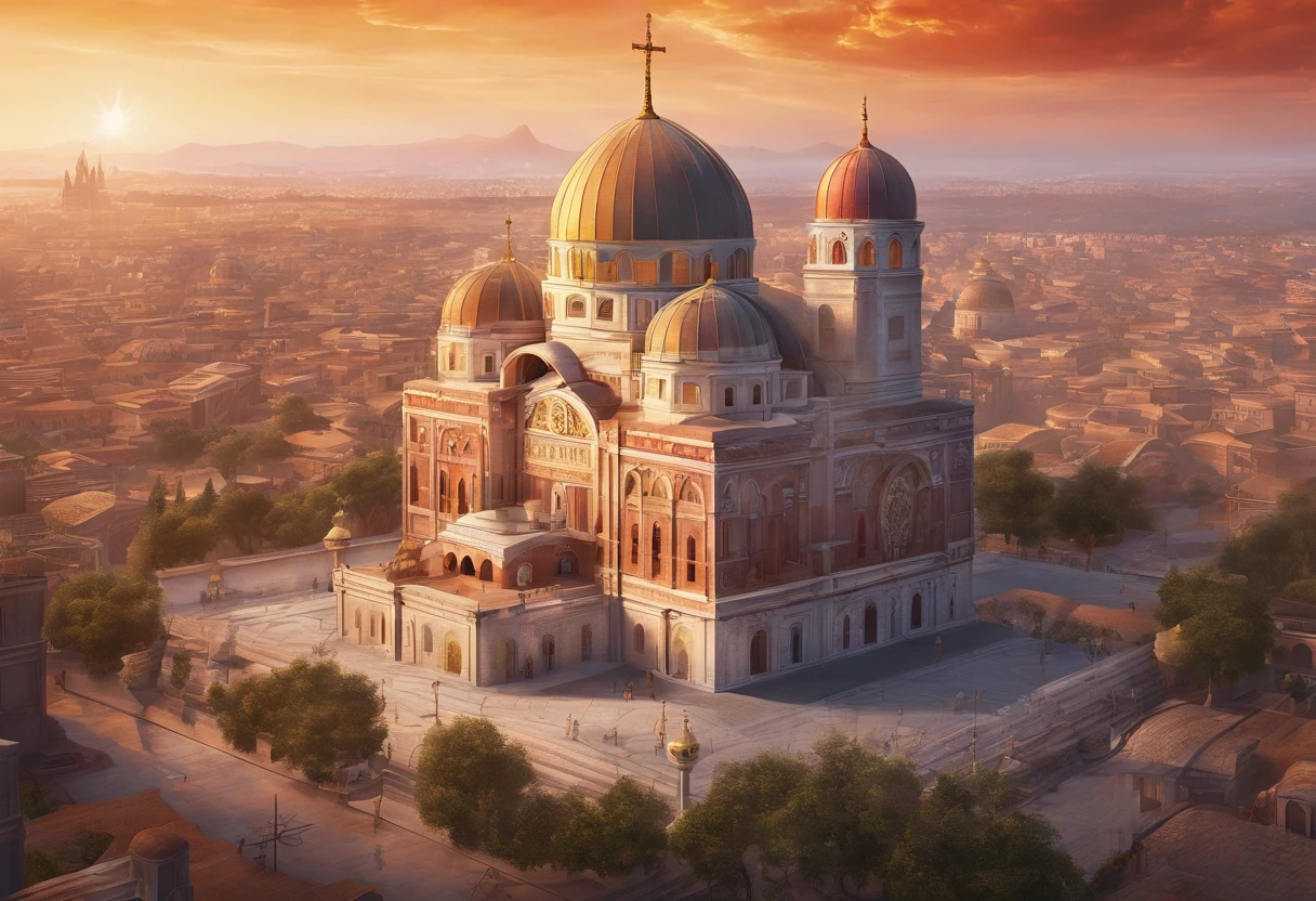 a National Geographic picture, (Award Winning: 1.5), (Best Detailed: 1.5( a landscape picture a skyline picture at dawnת (best details: 1.5) of a multi religious city, there are many buildings, standing above them, those are holy buildings to several places of religious worships, a (Catholic church: 1.2), a gothic building with the Holy Cross stands tall on its roof, glass stained decorations of Christian motifs, a (Mosque: 1.2) a magnificent dome with a crescent on top of it, a (Synagogue: 1.2) a massive with intricate architecture building with a Star Of David on its roof, sunrays, few light clouds, divine rays, sky in various shades of red, orange and purple, sense of divinity, ultra best realistic, best details, best quality, 16k, (ultra detailed: 1.5), masterpiece, best quality, (extremely detailed), ultra wide shot, photorealism, depth of field, hyper realistic
