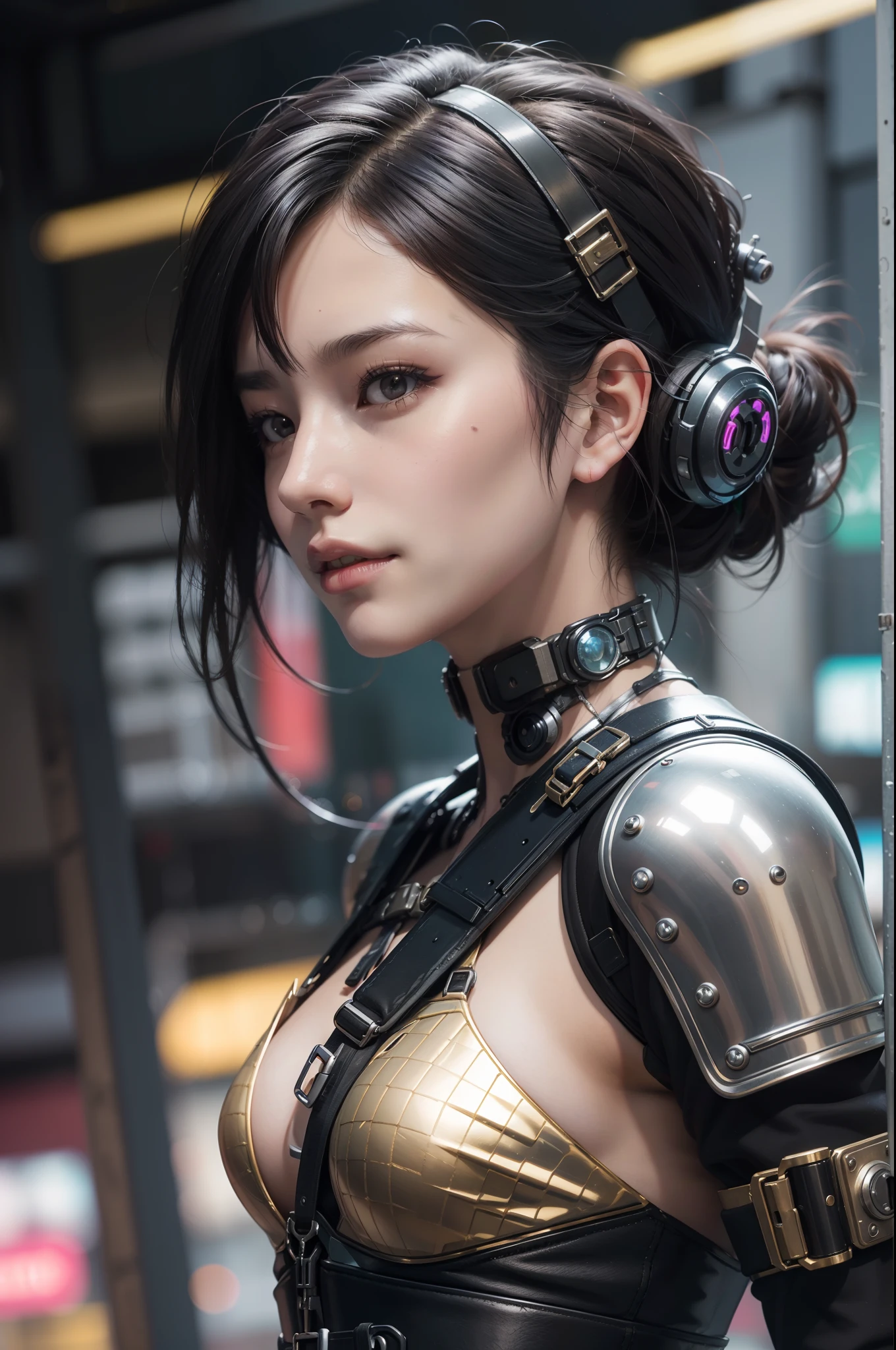 Beautiful surrealist photo of cute smiling japanese cyberpunk woman, Wearing (((cyberpunk armor))), (((Combat harness))), Invisible cyberpunk hair, Elegant Pose, Cyberpunk Street background, Abstract beauty, near-perfect, Pure form, Golden ratio, Minimalism, concept-art, author：Brian Froud、Carne Griffiths和Wadim Kashin。, intricately details, 8K post-production, high resolution, Super detail, trending on artstationh, Sharp focus, Studio photos, intricately details, Very detailed, by Greg Rutkowski