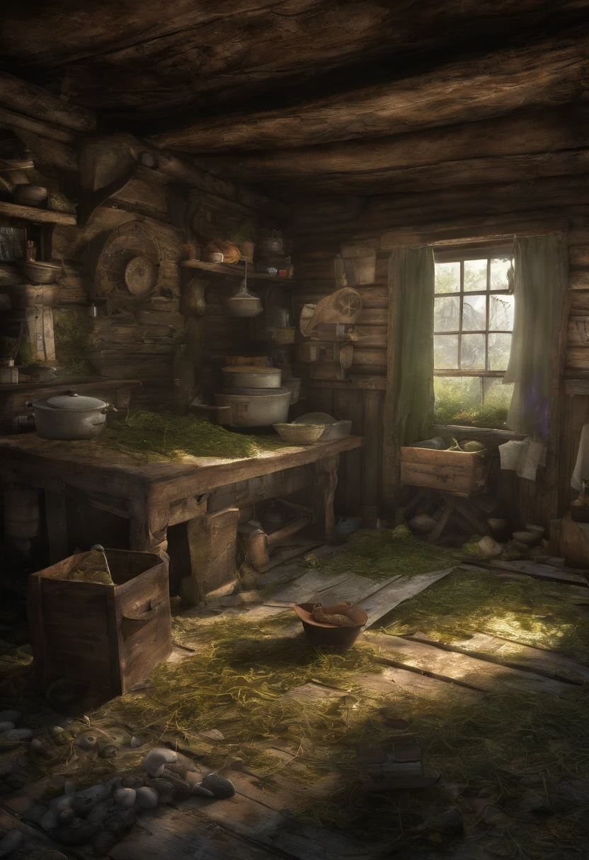 Realistic image of an interior of an old abandoned cabin where it is really old and covered with moss and the wall has symbols on it that seems eerie. Mysterious lighting, 8k, UHD, hyper detail. Emphasize details that inside the cabin is really dusty and by the walls, there are symbols that seems to be a sinister symbol. Realistic. Creepy pasta.