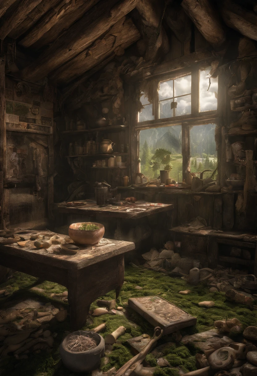 Realistic image of an interior of an old abandoned cabin where it is really old and covered with moss and the wall has symbols on it that seems eerie. Mysterious lighting, 8k, UHD, hyper detail. Emphasize details that inside the cabin is really dusty and by the walls, there are symbols that seems to be a sinister symbol.  Realistic. Creepy pasta.
