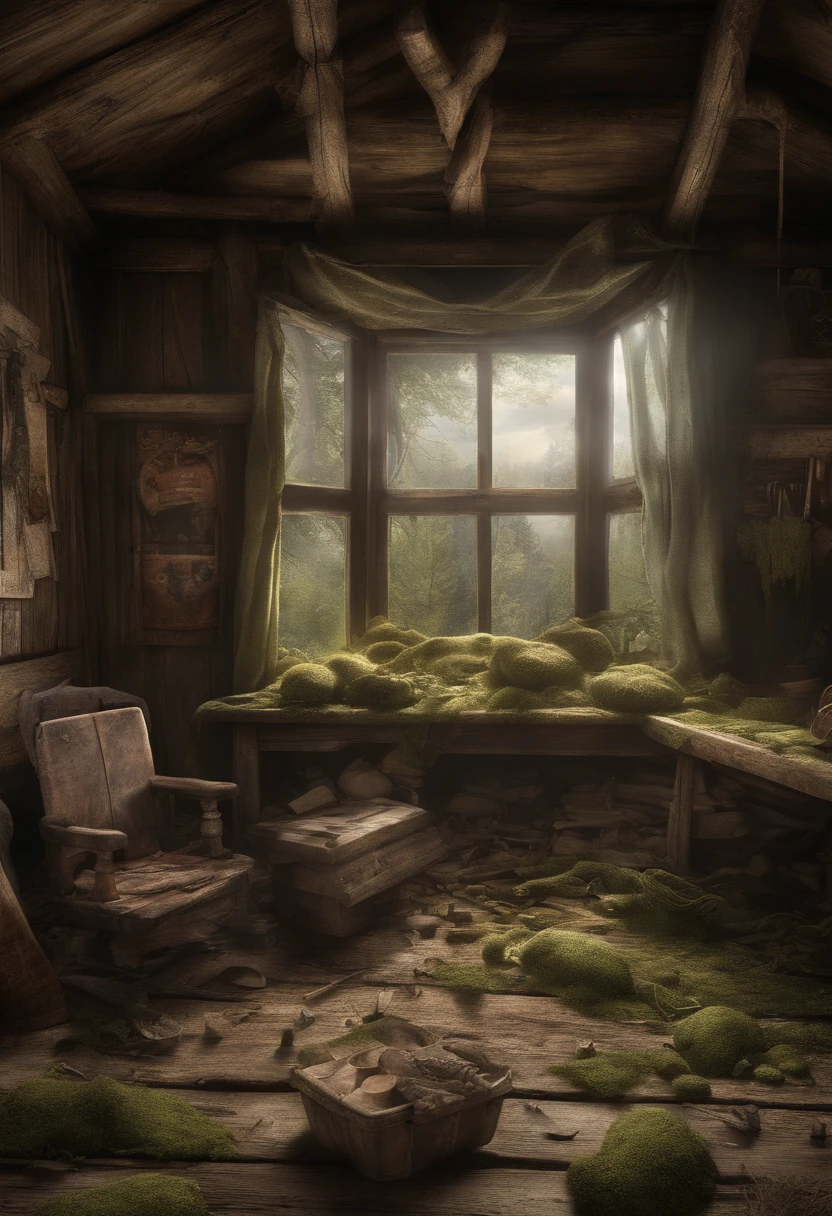 Realistic image of an interior of an old abandoned cabin where it is really old and covered with moss and the wall has symbols on it that seems eerie. Mysterious lighting, 8k, UHD, hyper detail. Emphasize details that inside the cabin is really dusty and by the walls, there are symbols that seems to be a sinister symbol. Realistic. Creepy pasta.