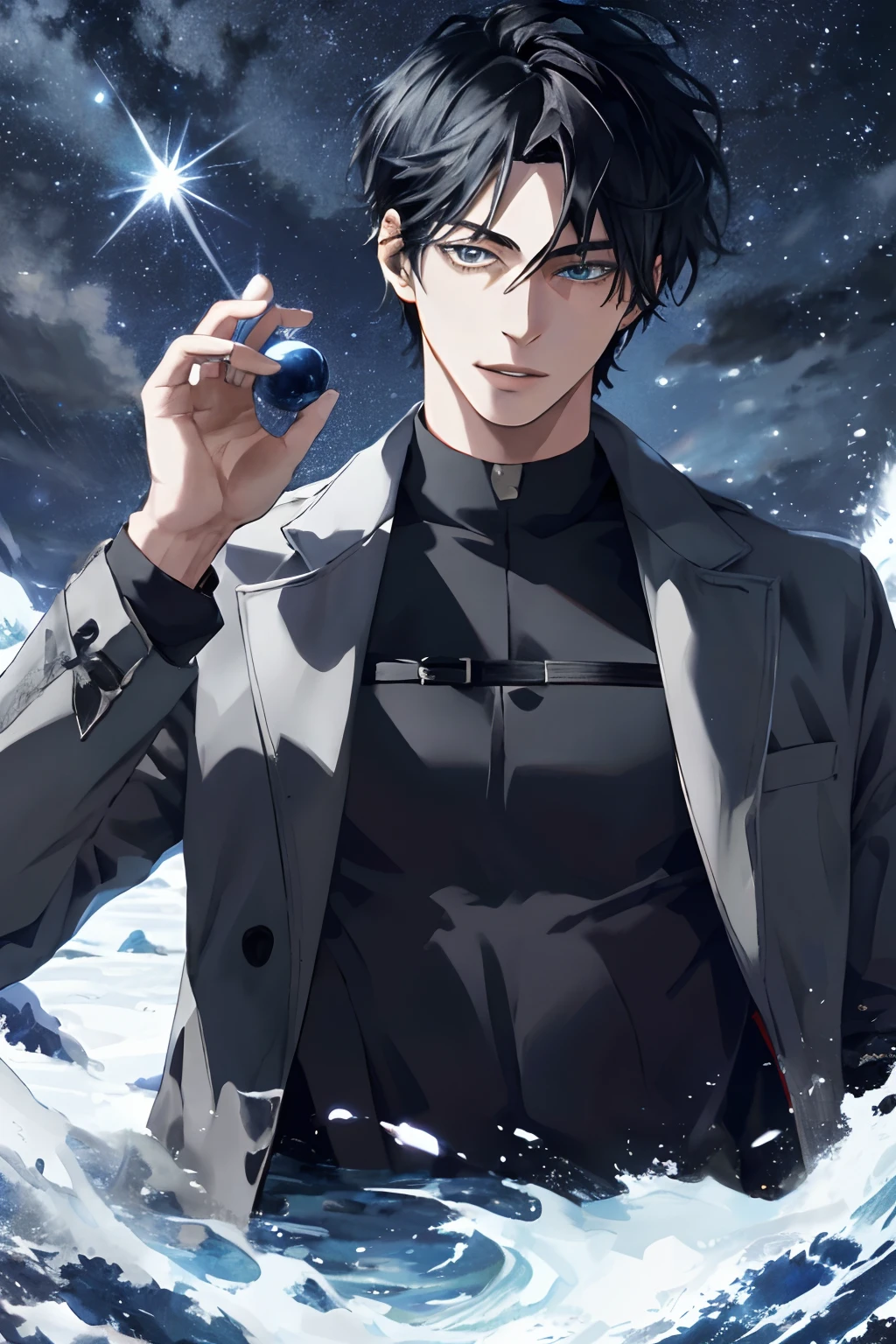 Realistic, (masterpiece, top quality, best quality, official art), very detailed, colorful, most detailed, gods, short hair, black hair, (magic), handsome man, starry sky, winter, snowfield