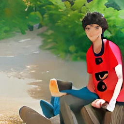 Boy sitting on top of hamburger