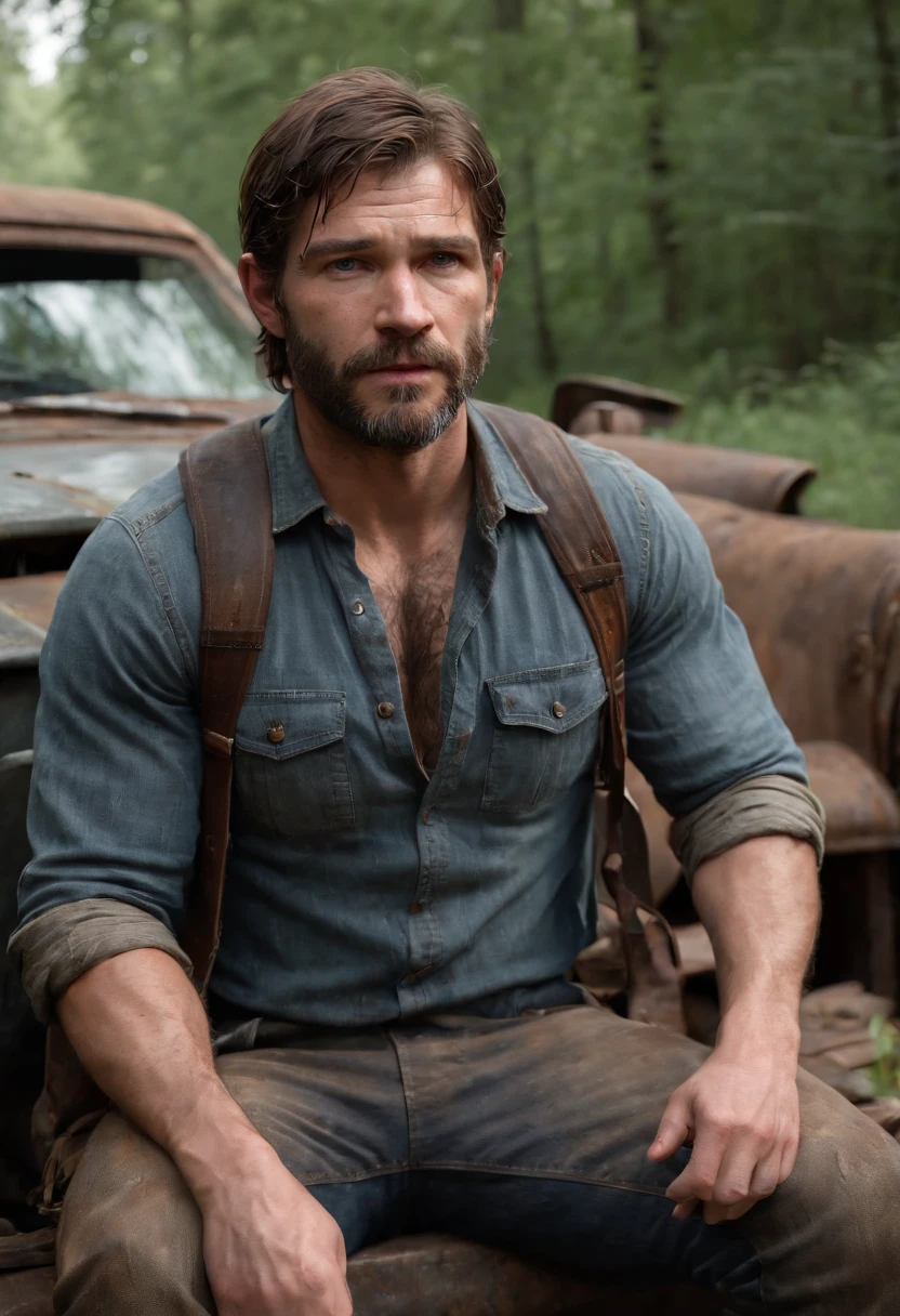 A full body photography of (Joel Miller), barechested, big pecs, hairy chest, (extremely accurate and detailed facial features fo Joel millee from the last of us:1.2) sitting on the driver set in an old car, old rusty abandoned car (he is sitting on seat and manspreading, provocative pose), beard, middles aged man, jacket, (exposed abs and chest:1.2), jeans, apocalyptic world, asdurd details, the highest quality photograph taken